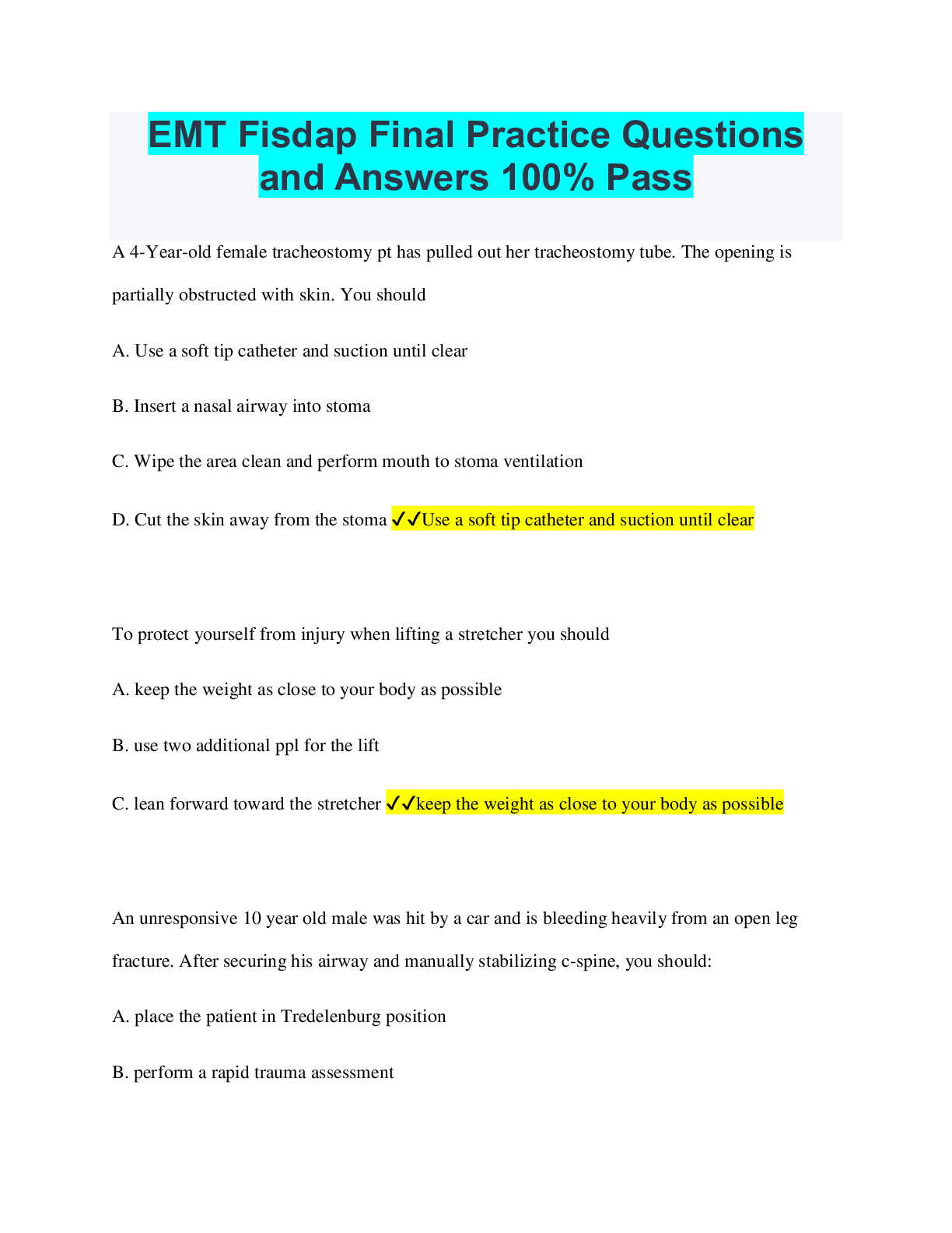 EMT Fisdap Final Practice Questions and Answers 100% Pass | ScholarFriends