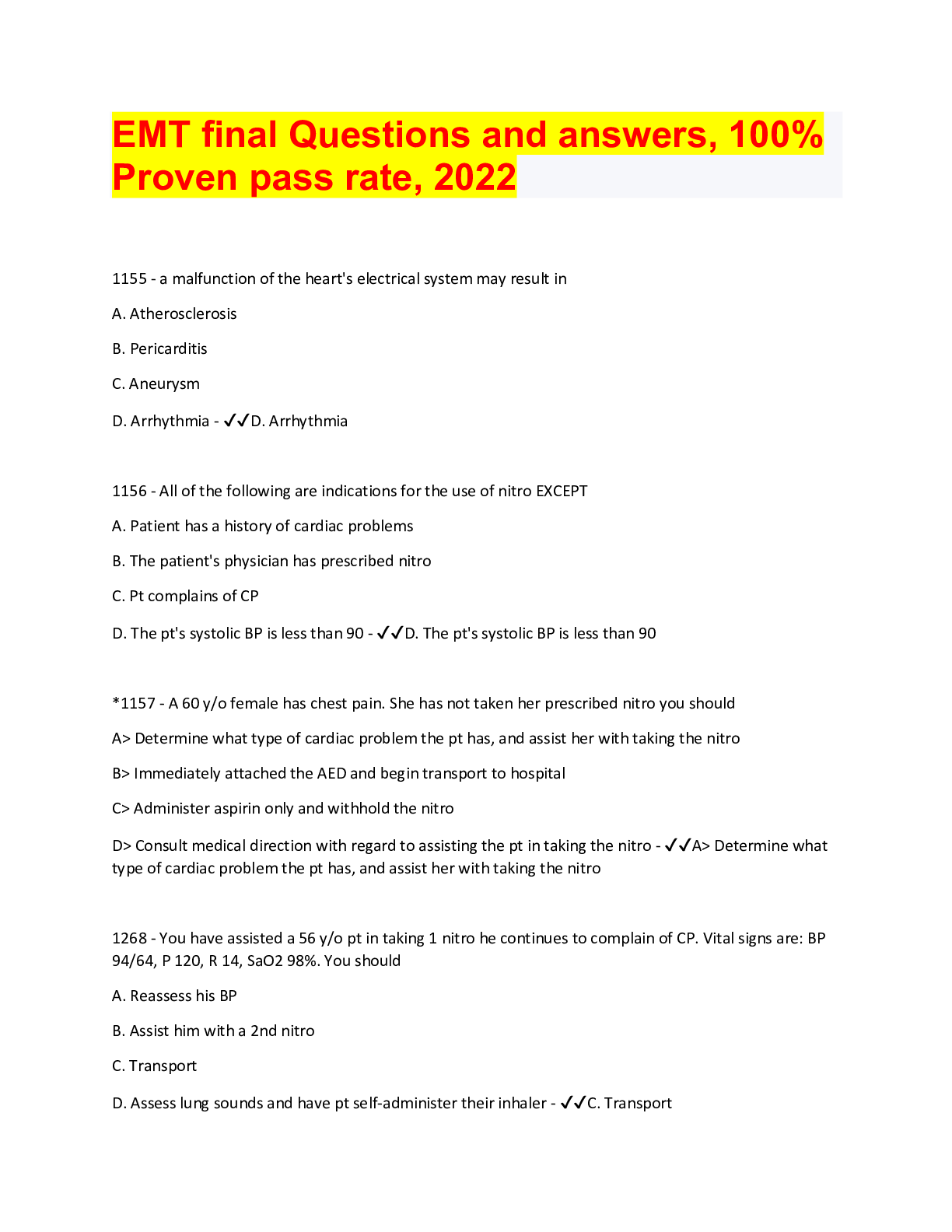 Aswer Questions Rates EMT final Questions and answers, 100% Proven pass rate, 2022 ...
