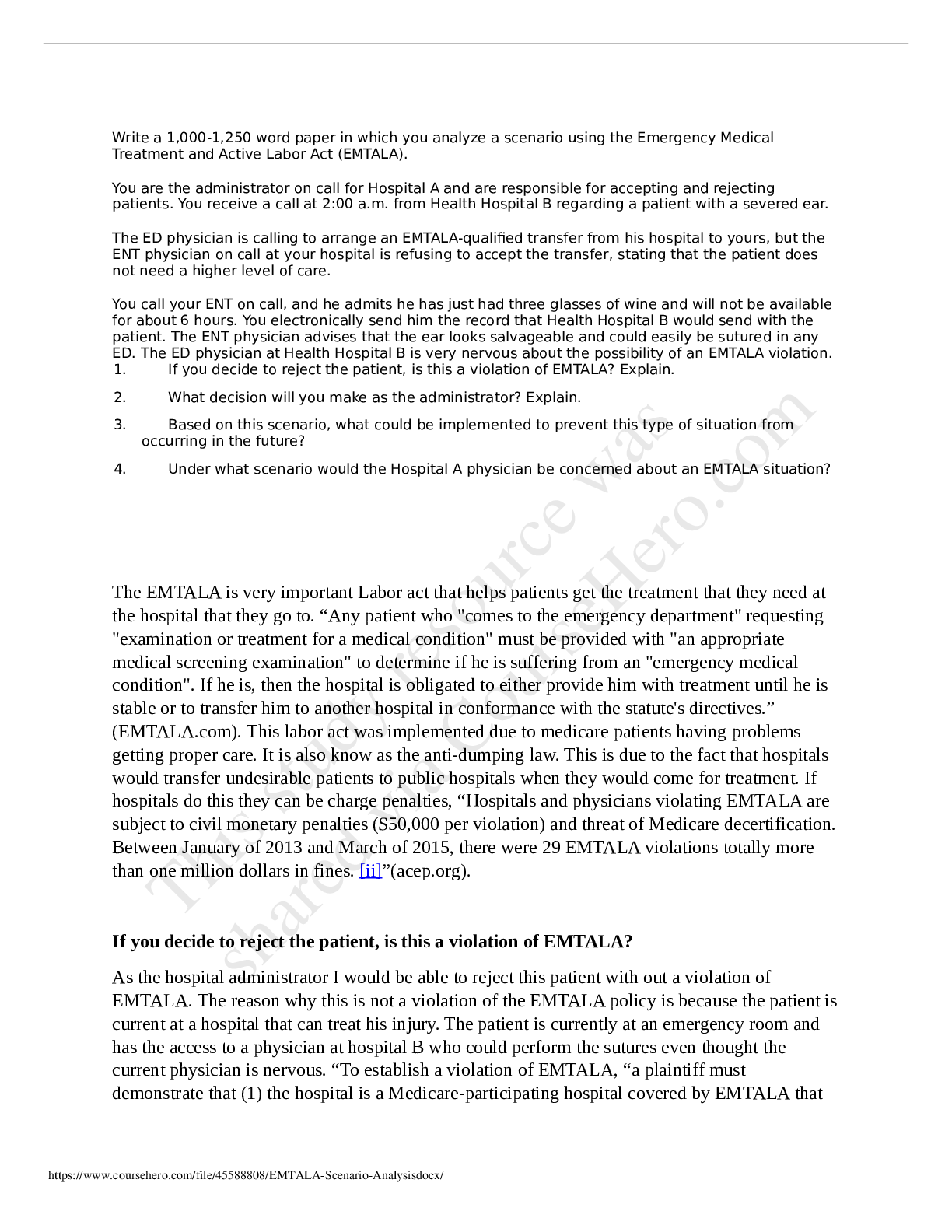 Preview image of UNV-504 EMTALA SCENARIO ANALYSIS ,GRADED A+ document