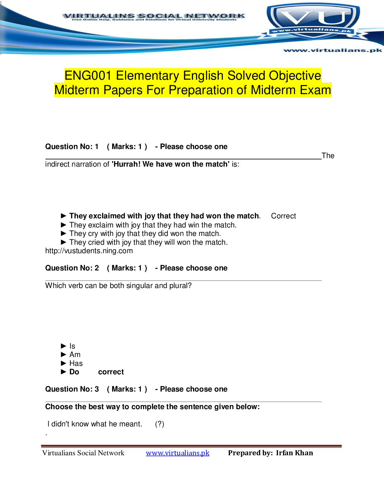 Preview of ENG001 Elementary English Solved Objective Midterm Papers For Preparation of Midterm Exam