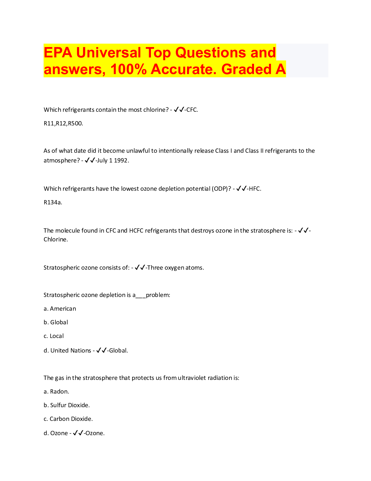 EPA Universal Top Questions and answers, 100% Accurate. Graded A ...