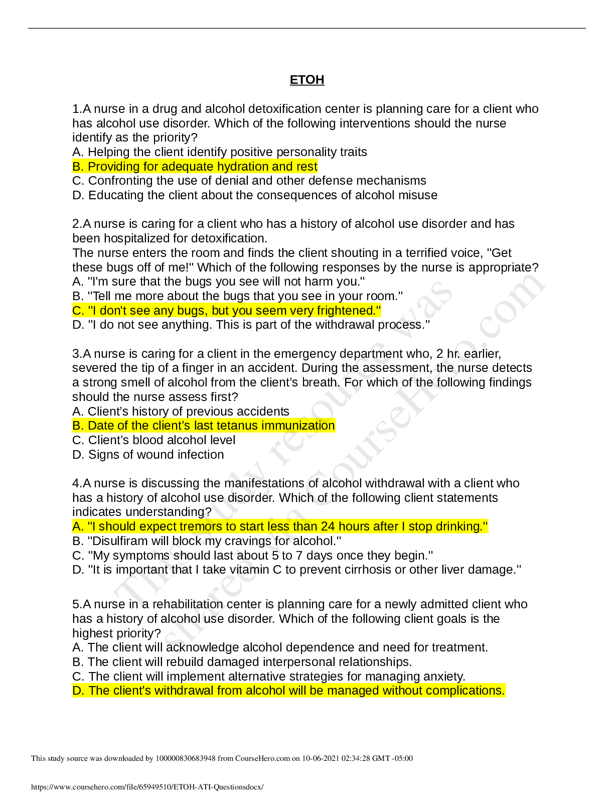 Preview image of ETOH - ATI Questions.docx document