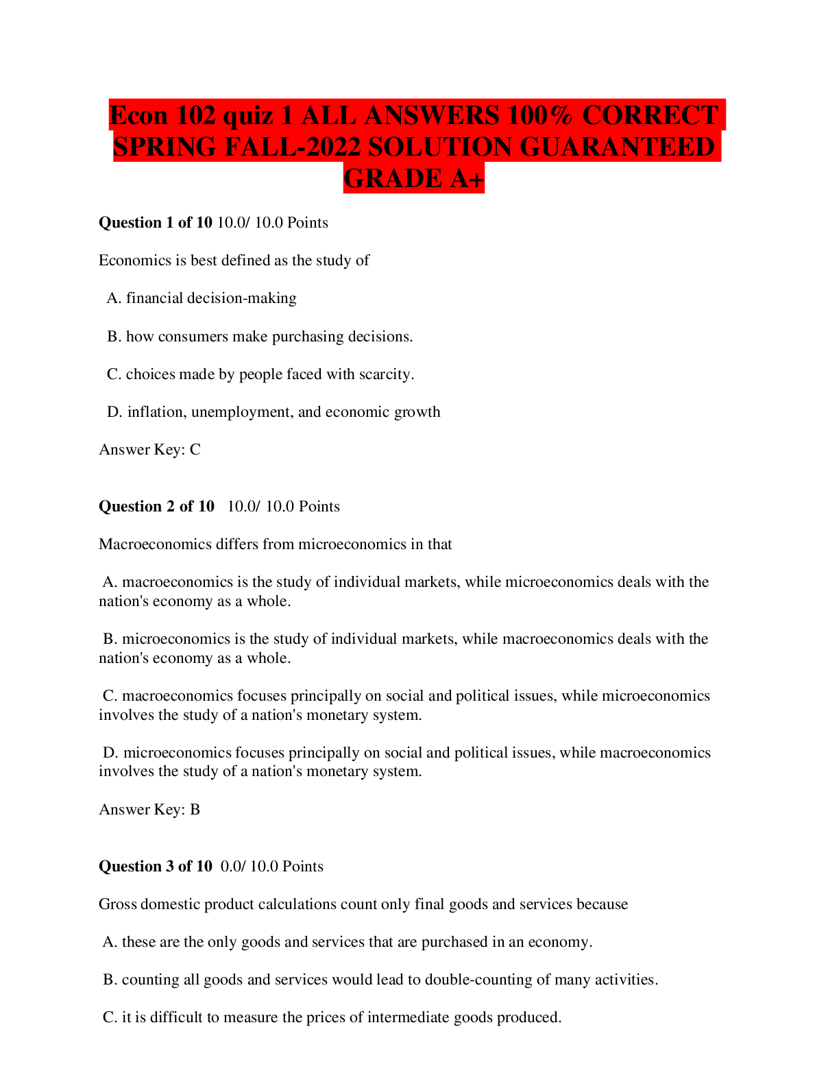 Preview of Econ 102 quiz 1 ALL ANSWERS 100% CORRECT SPRING FALL-2022 SOLUTION GUARANTEED GRADE A+