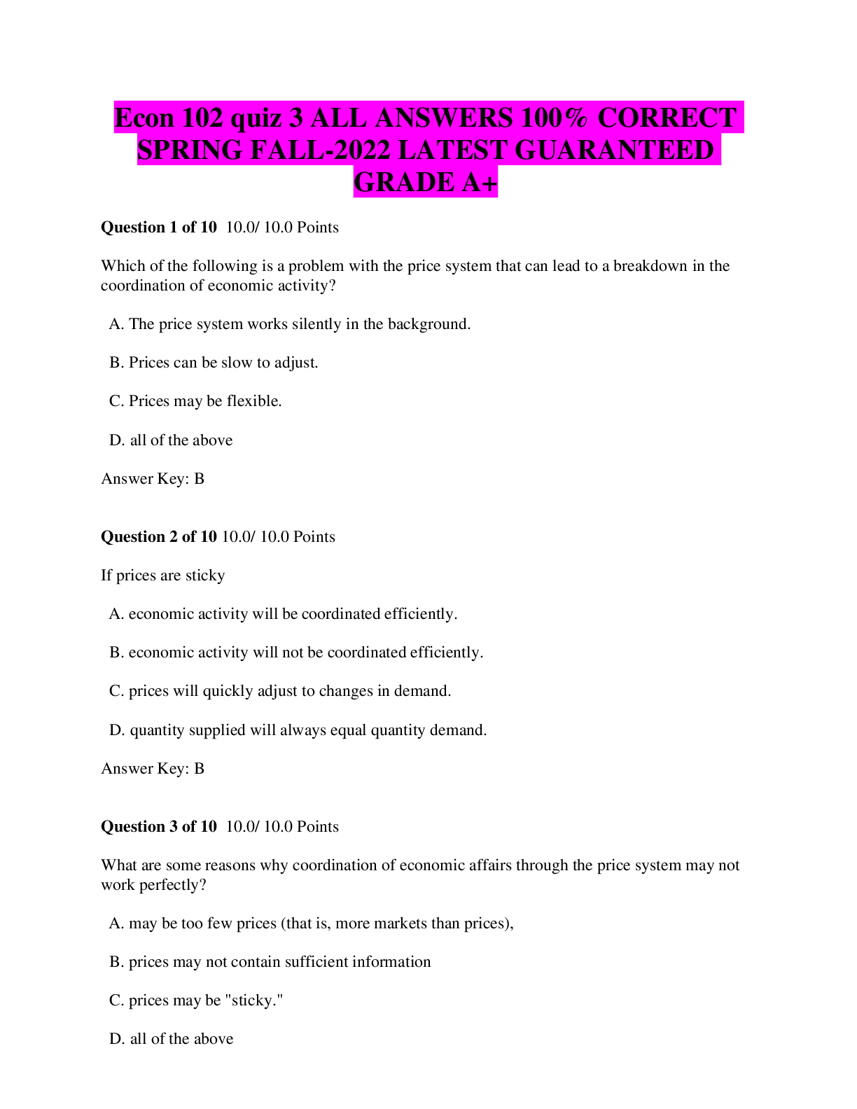 Preview of Econ 102 quiz 3 ALL ANSWERS 100% CORRECT SPRING FALL-2022 LATEST GUARANTEED GRADE A+