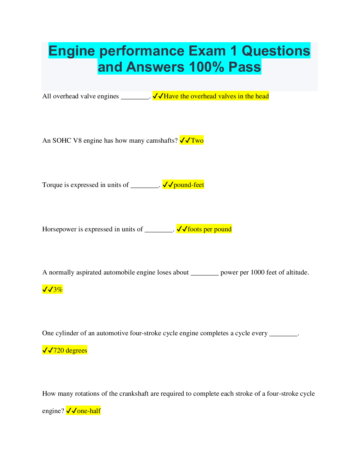 Engine performance Exam 1 Questions and Answers 100% Pass - Scholarfriends
