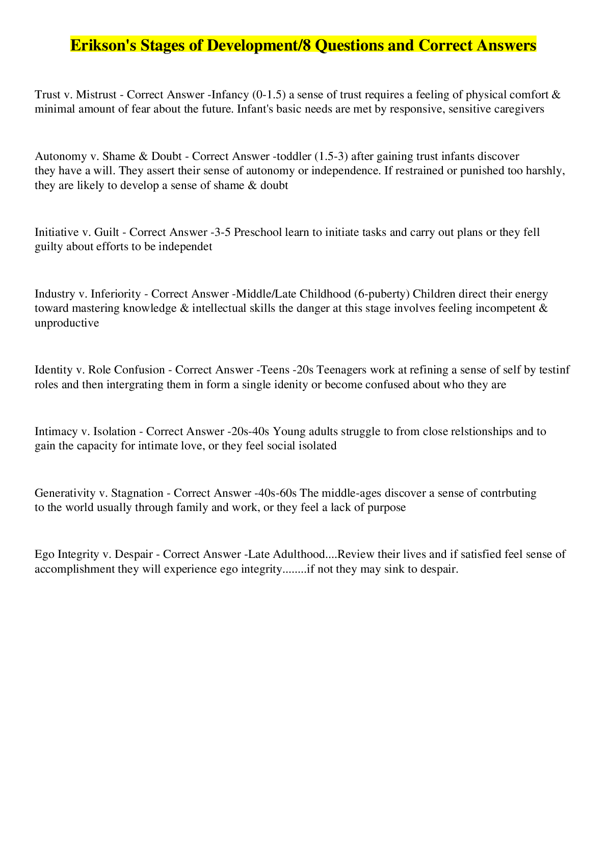 Preview image for Erikson's Stages of Development/8 Questions and Correct Answers