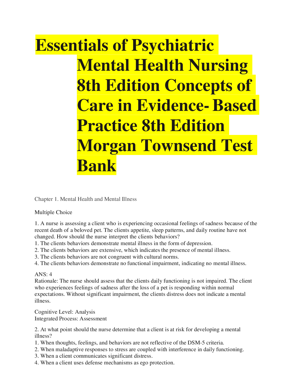 Essentials of Psychiatric Mental Health Nursing 8th Edition Concepts ...