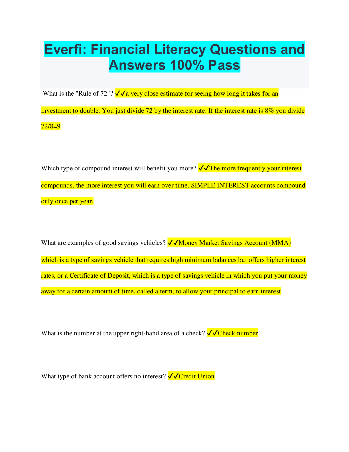 Everfi: Financial Literacy Questions and Answers 100% Pass - Scholarfriends