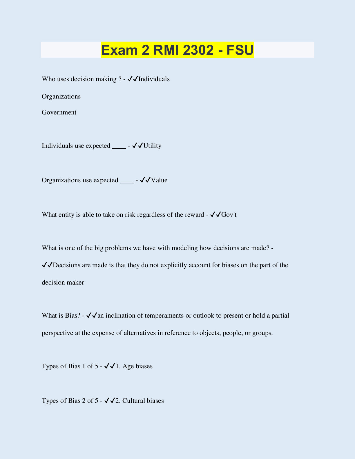 Exam 2 RMI 2302 - FSU | 150 Questions with 100% Correct Answers | Up ...