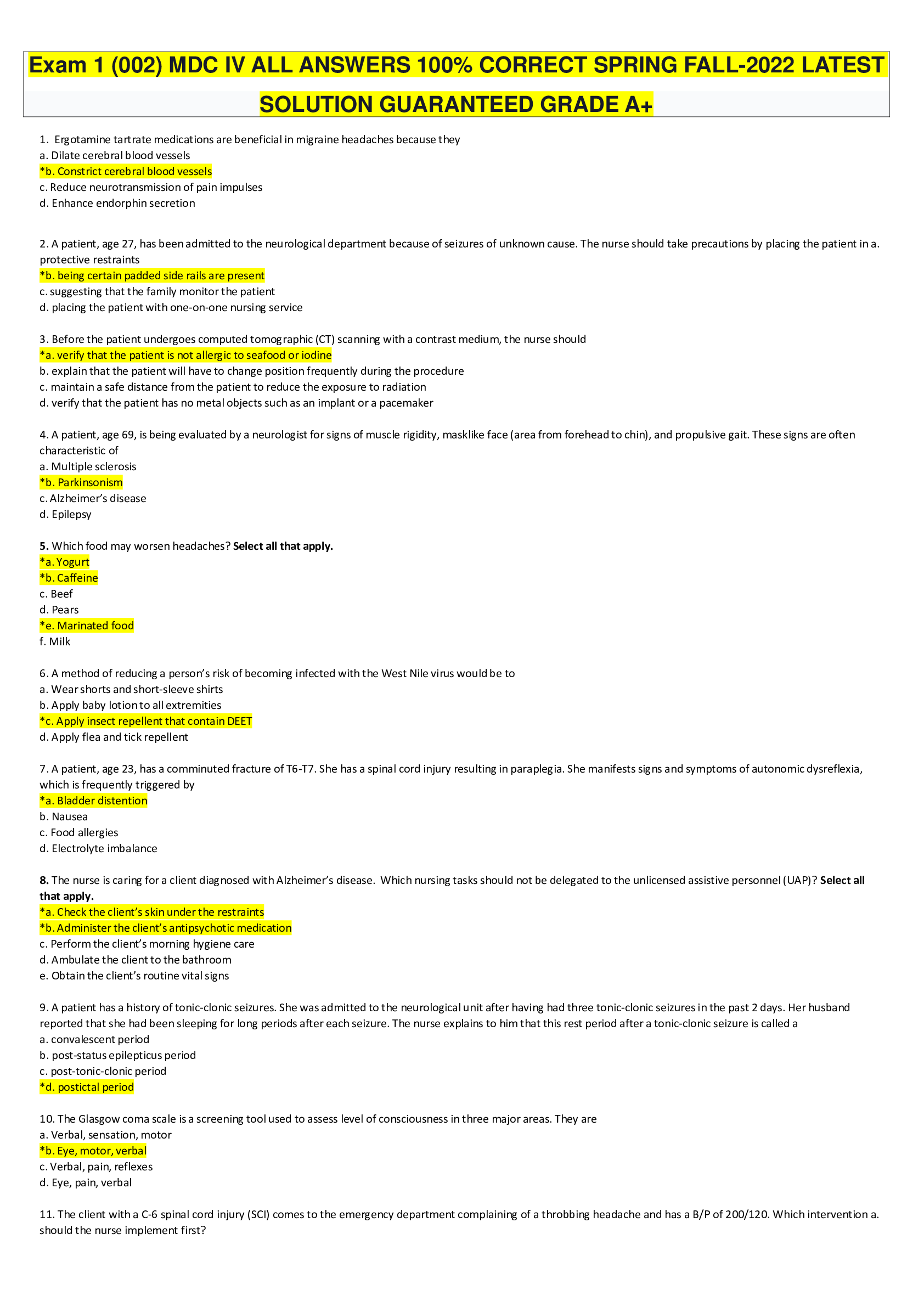 Preview image for Exam 1 (002) MDC IV ALL ANSWERS 100% CORRECT SPRING FALL-2022 LATEST SOLUTION GUARANTEED GRADE A+