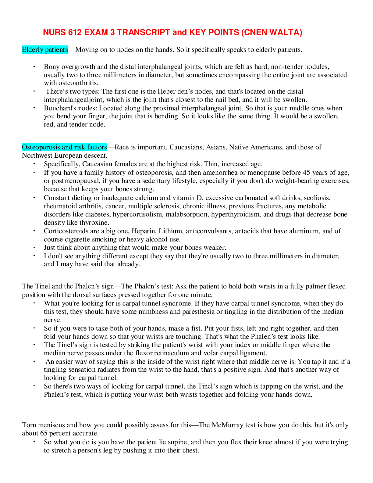 Preview of NURS 612 Exam 3 Transcript and Key Points | Download To Score An A | Maryville University.