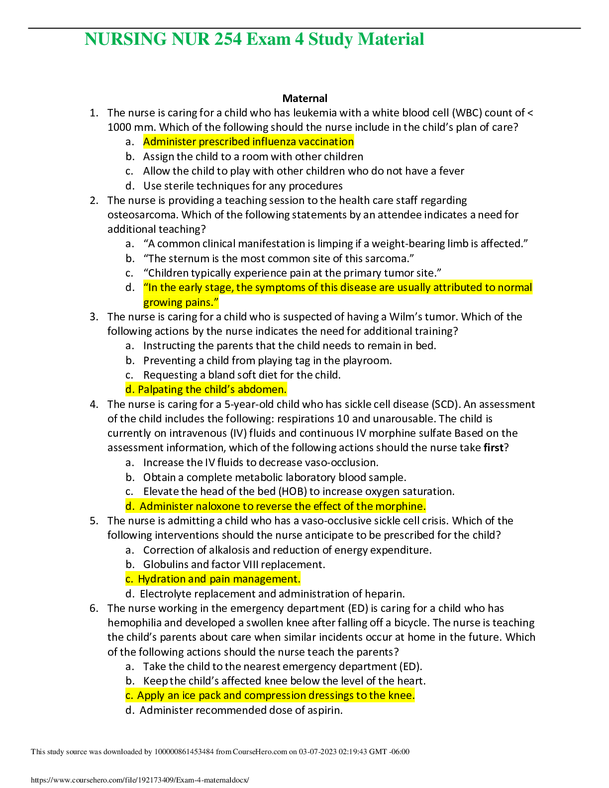 Preview of NURSING NUR 254 Exam 4 Study Material (GRADED A) Questions and Answers | Galen College of