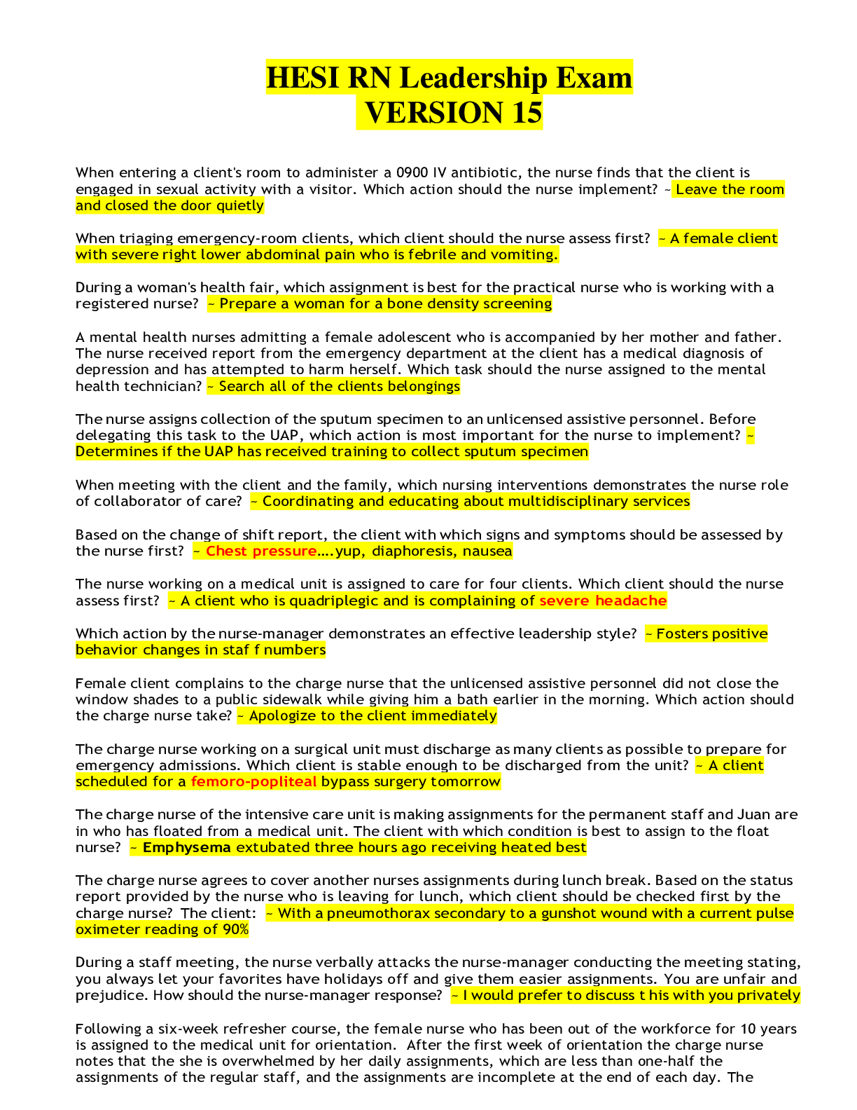 HESI RN Leadership Exam Ver. 15 Questions & Answers with Rationale