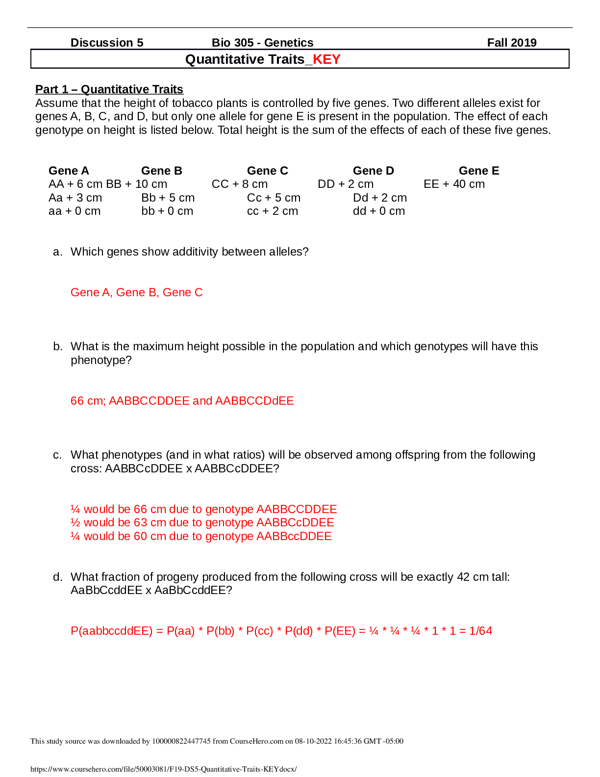 Recommended document preview for Questions and Answers > University of Michigan BIOLOGY 305 F19_DS5_Quantitative Traits__KEY