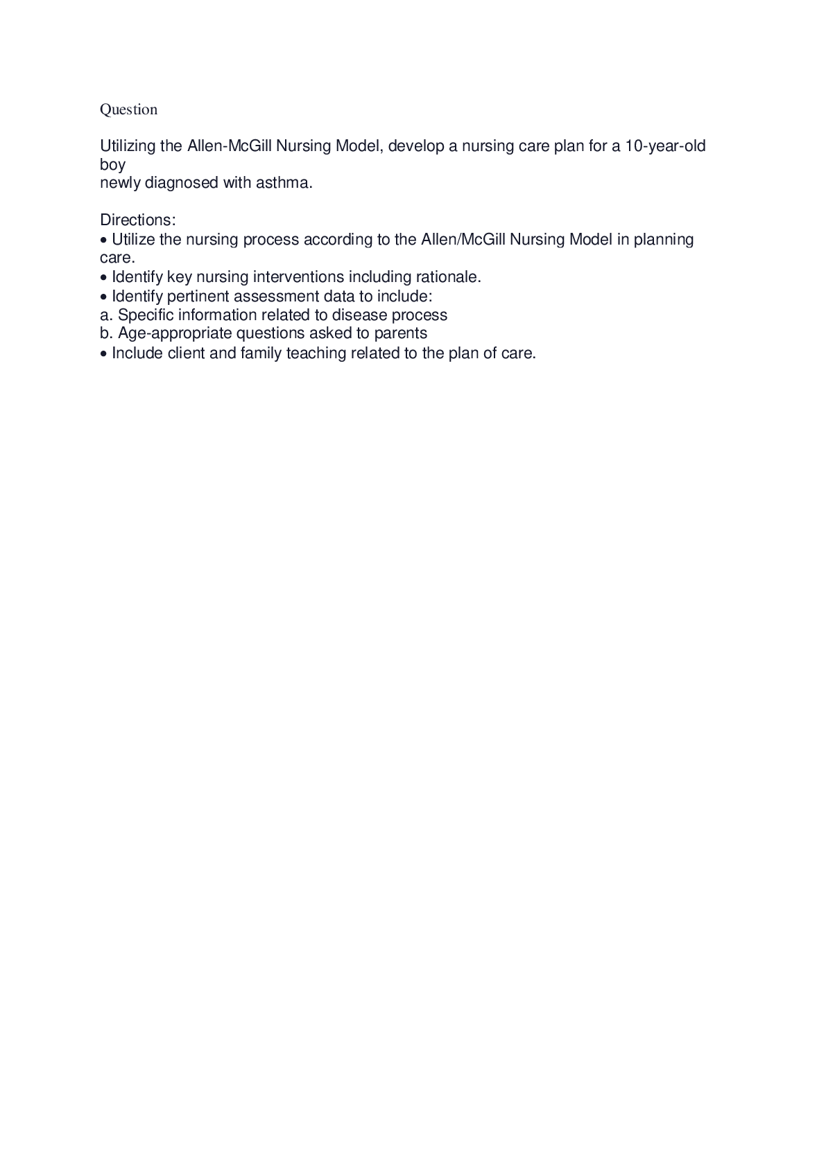 Preview of Health Science  Science  Nursing  Utilizing the Allen-McGill Nursing Model, develop a nurs