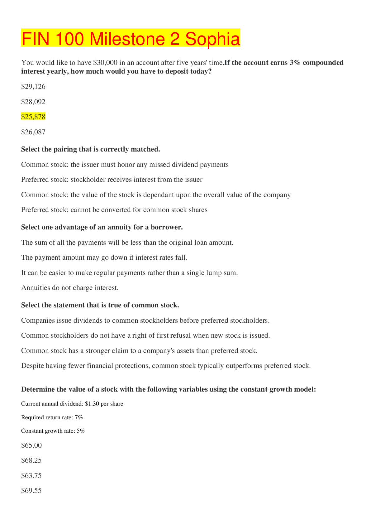 Preview image of FIN 100 Milestone 2 Sophia,100% CORRECT document