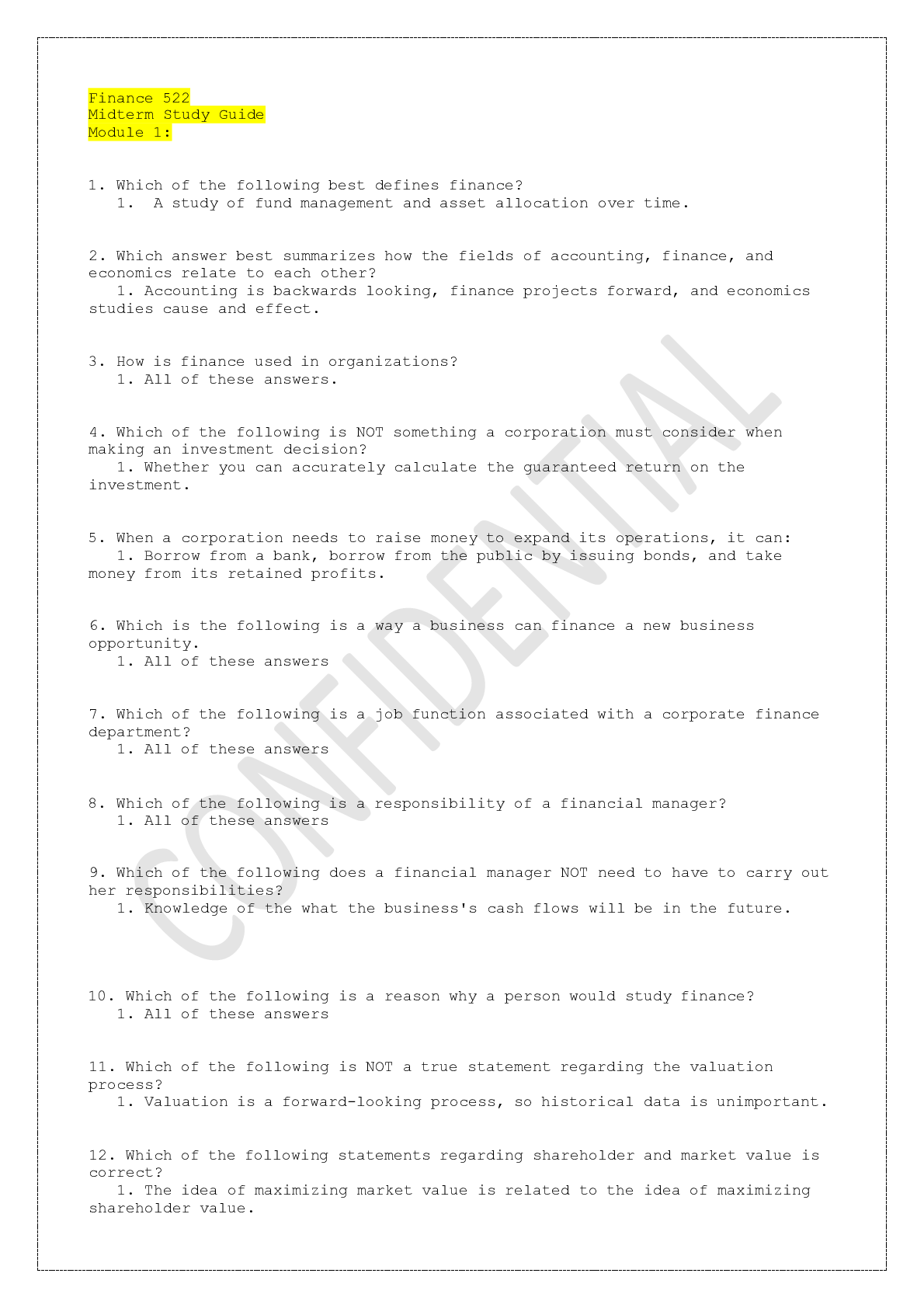 Preview image for Finance 522 Midterm Study Guide Module 1: