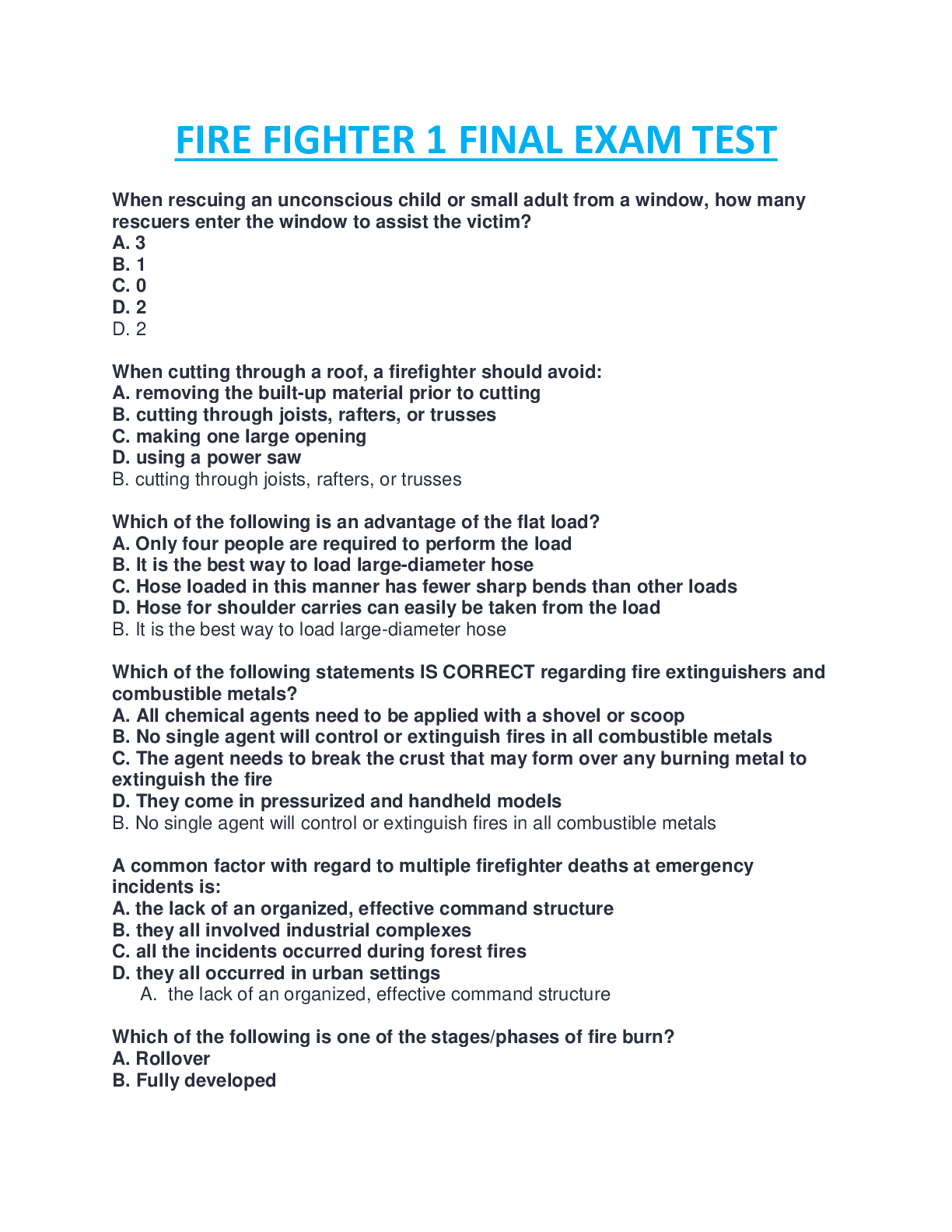 Preview image for FIREFIGHTER 1 FINAL TEST (STUDY GUIDE FOR FIREFIGHTER 1 FINAL EXAM) WITH COMPLETE SOLUTION GUIDE.FIREFIGHTER 1 FINAL TEST (STUDY GUIDE FOR FIREFIGHTER 1 FINAL EXAM) WITH COMPLETE SOLUTION GUIDE.