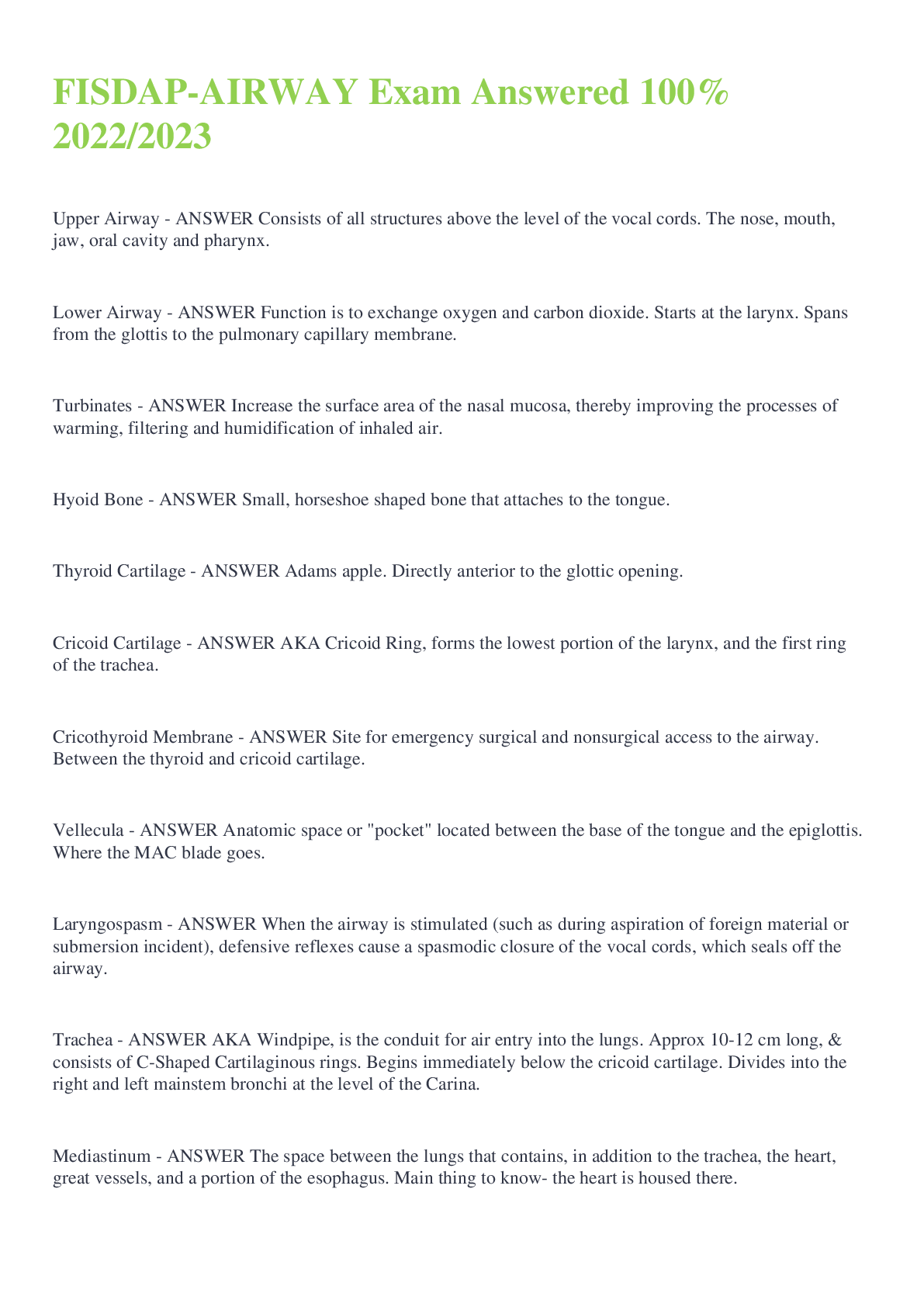Preview image for FISDAP-AIRWAY Exam Questions with correct Answers