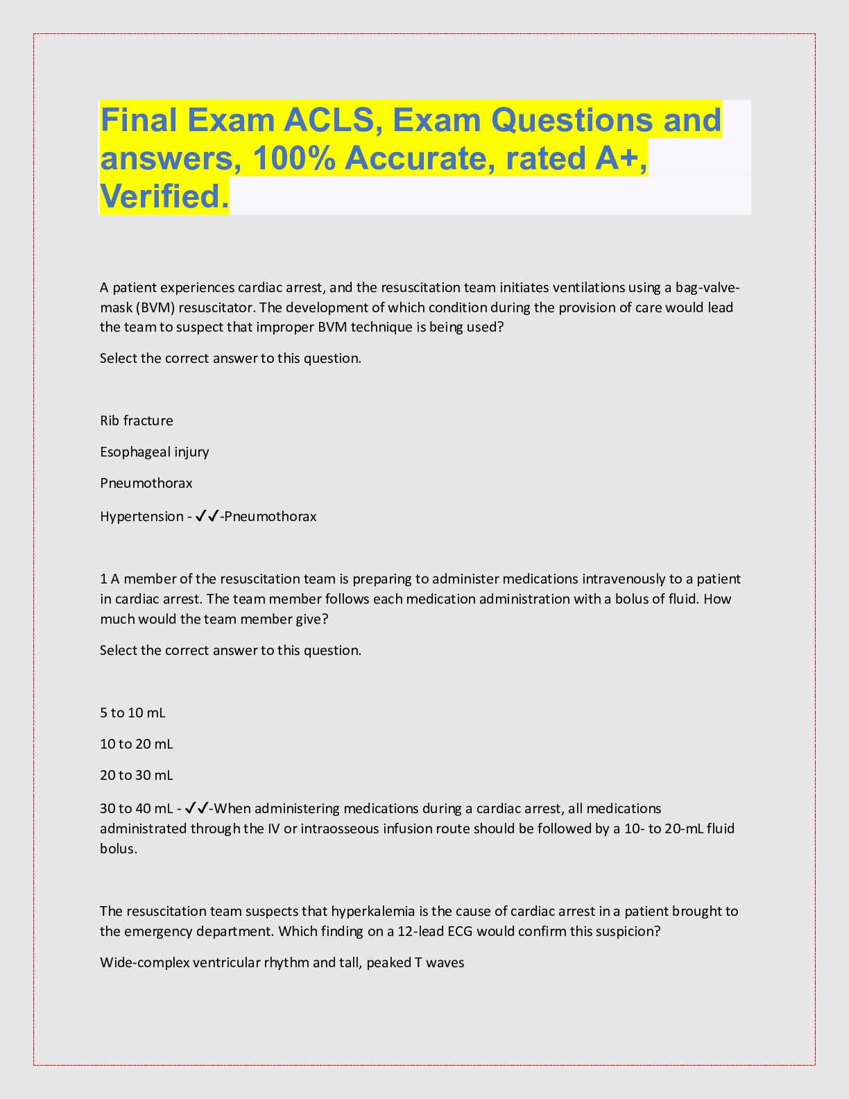 Final Exam ACLS, Exam Questions and answers, 100% Accurate, rated A+ ...