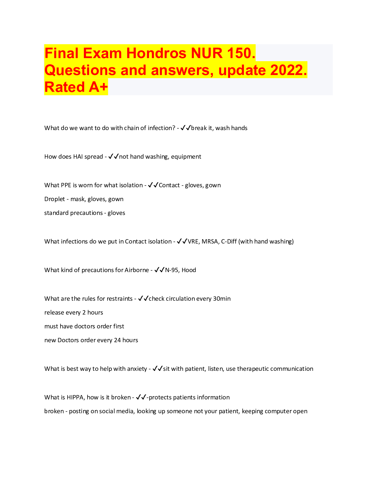 Final Exam Hondros NUR 150. Questions and answers, update 2022. Rate ...