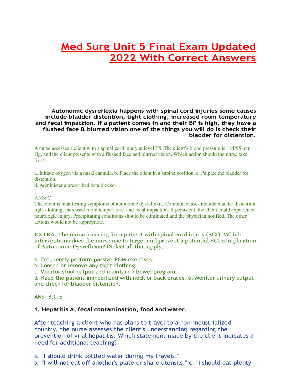 Preview image for Med Surg Unit 5 Final Exam Updated 2022 With Correct Answers