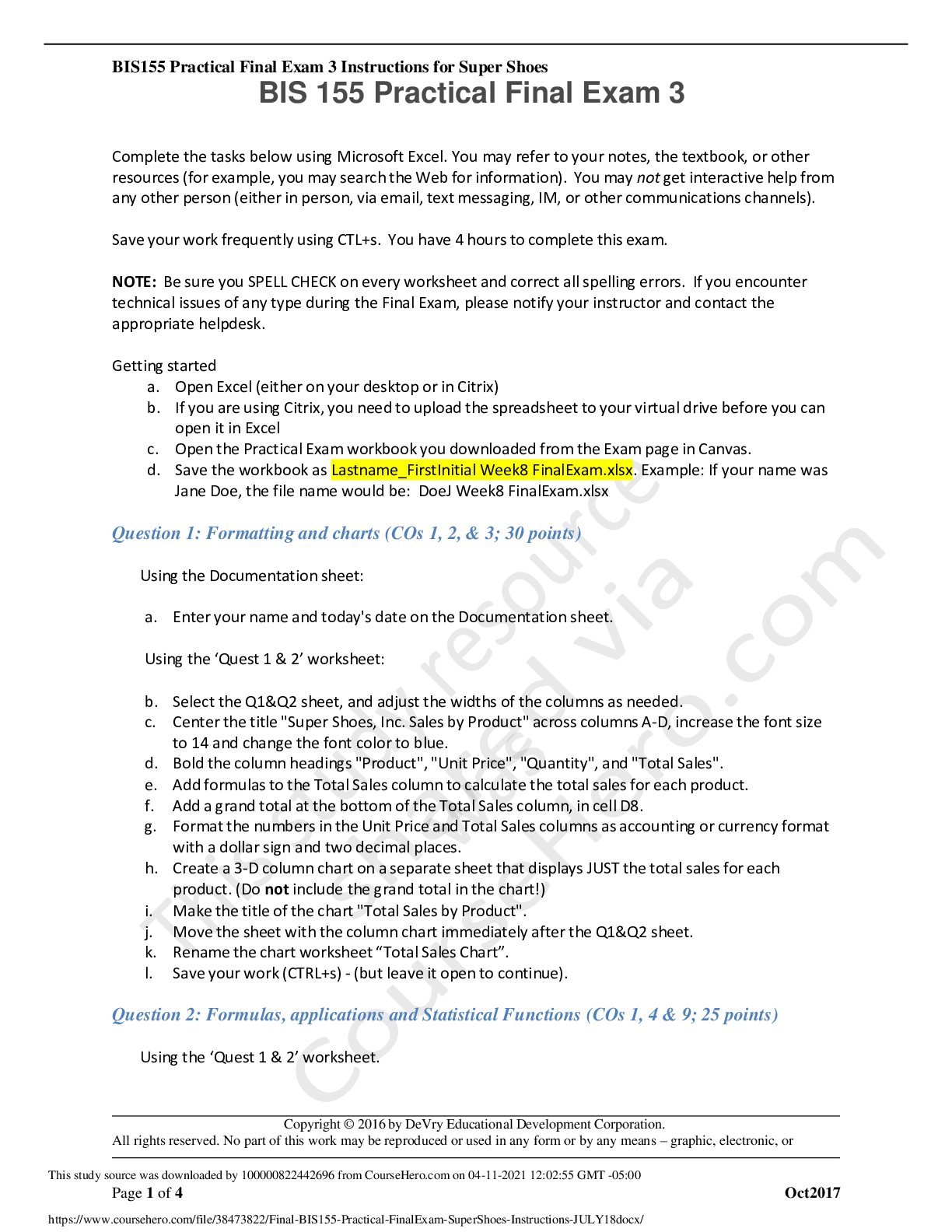 Preview image of BIS 155 Practical Final Exam 3,GRADED A. document