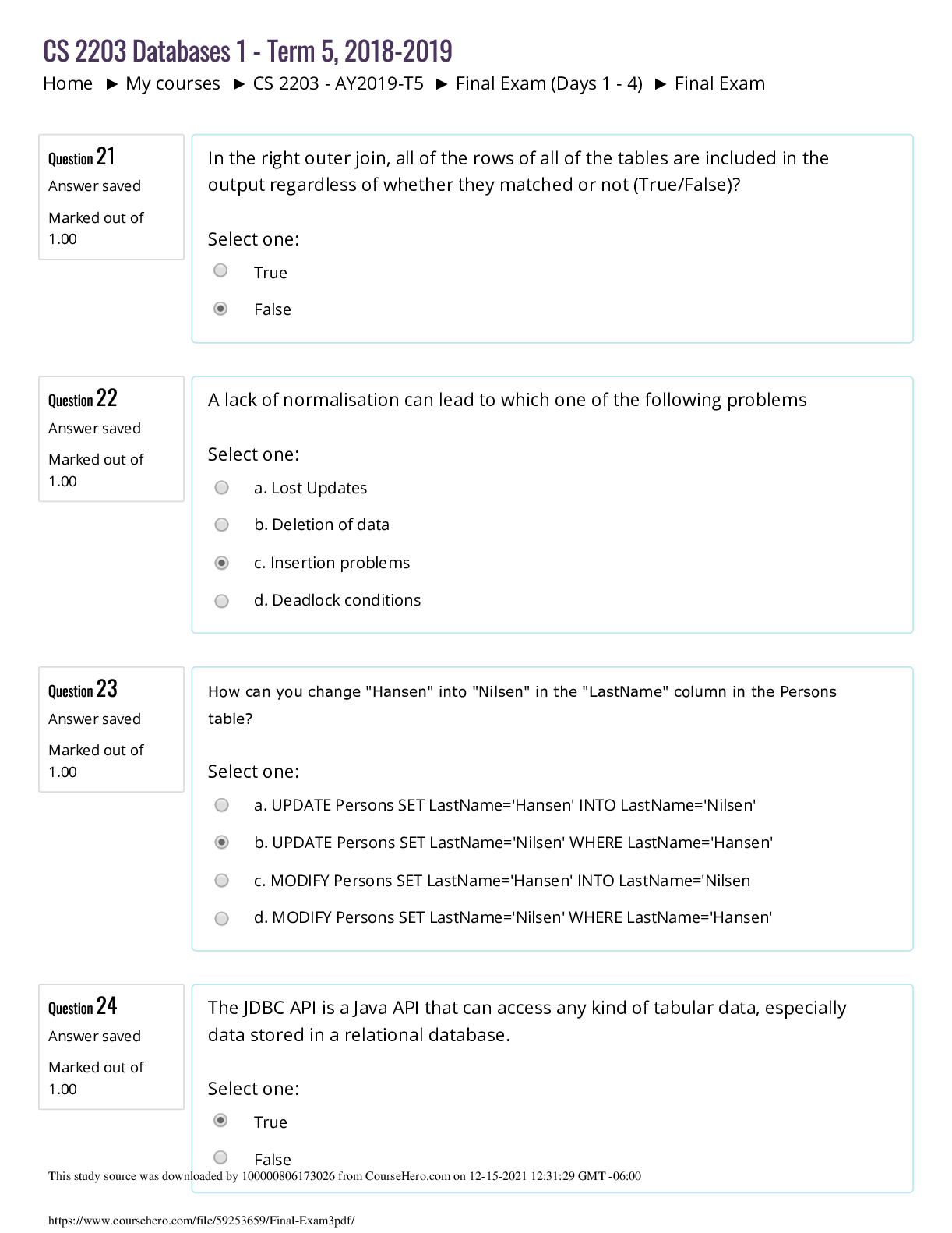Preview image for University of Texas, Arlington CS 2203 Final Exam3 10 Q&A. Score 100%.