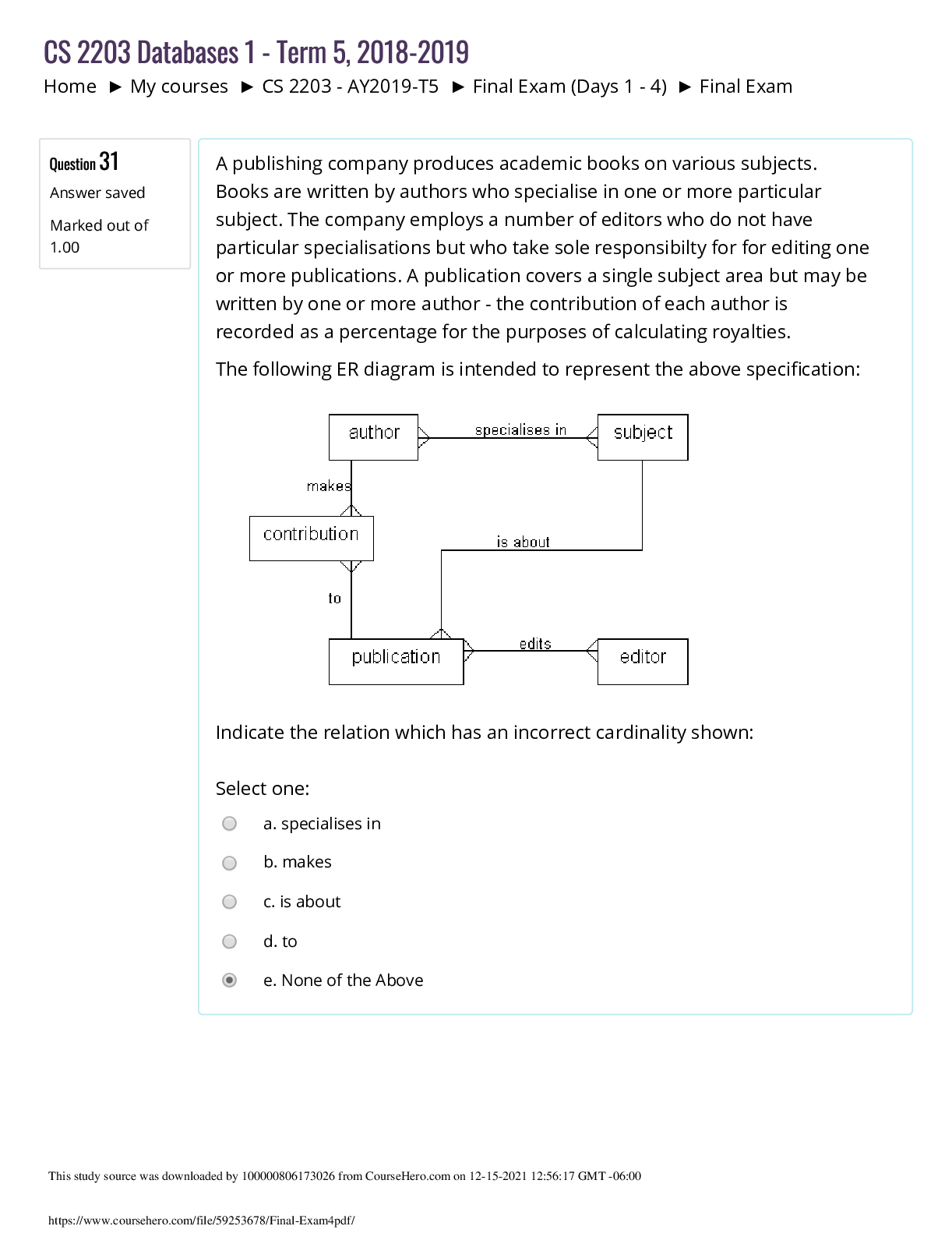 Preview image for University of Texas, Arlington CS 2203 Final Exam4 10Q&A. Score 100%.