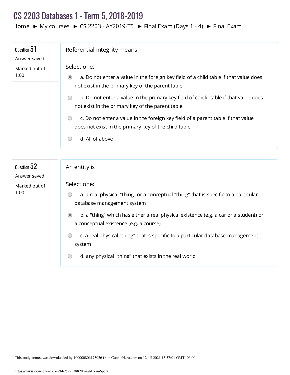Preview image for University of Texas, Arlington CS 2203 Final Exam6 10Q&A. Score 100%