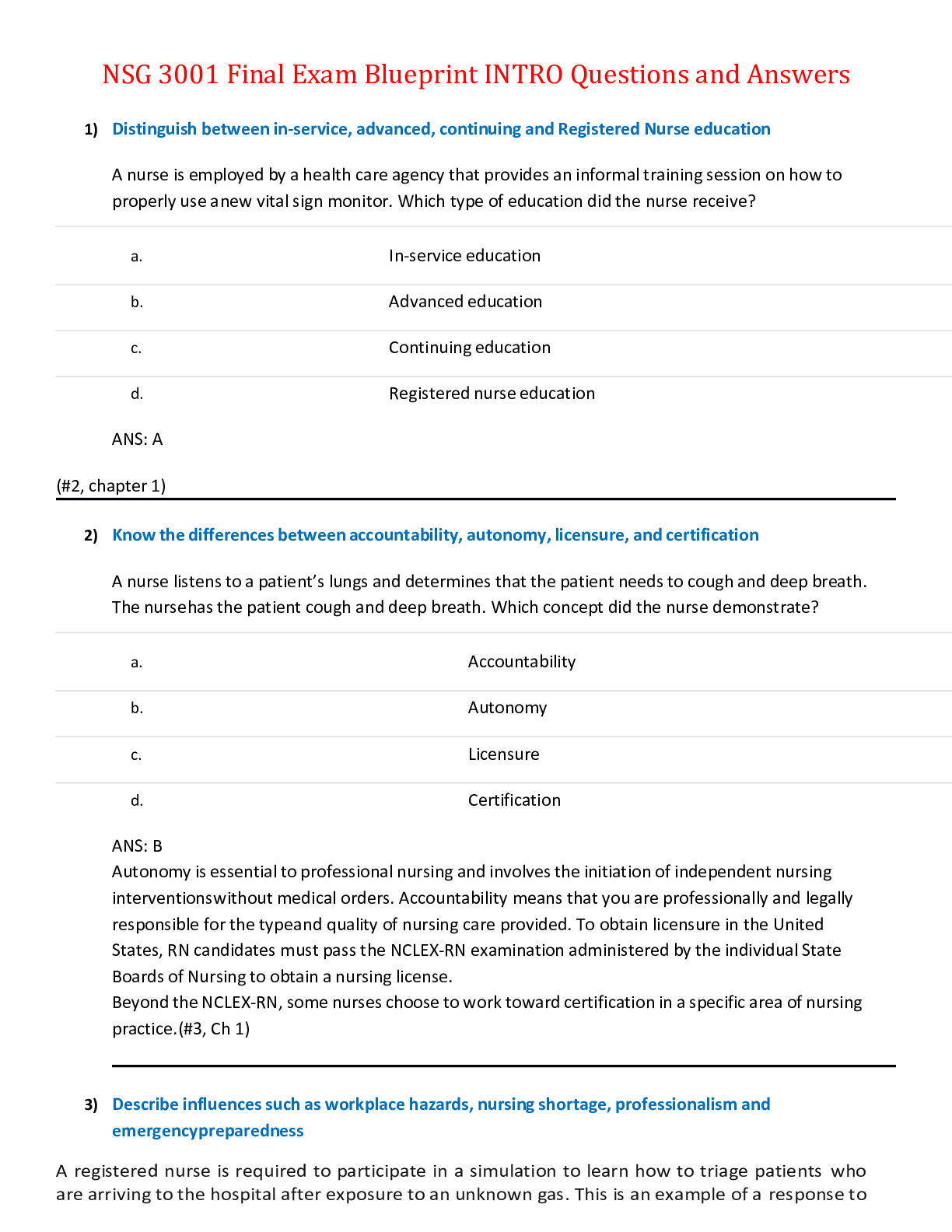 Preview image for NSG 3001 Final Exam Blueprint INTRO Questions and Answers,100% CORRECT