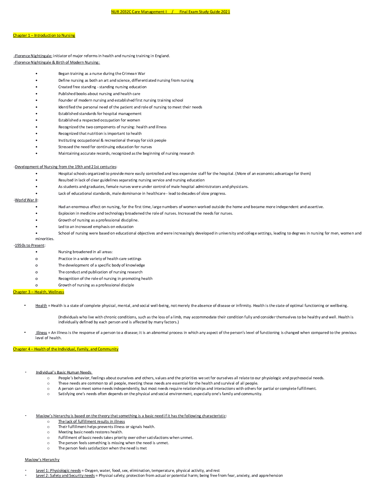 Preview image for NUR 2032C Care Management I    /     Final Exam Study Guide 2021