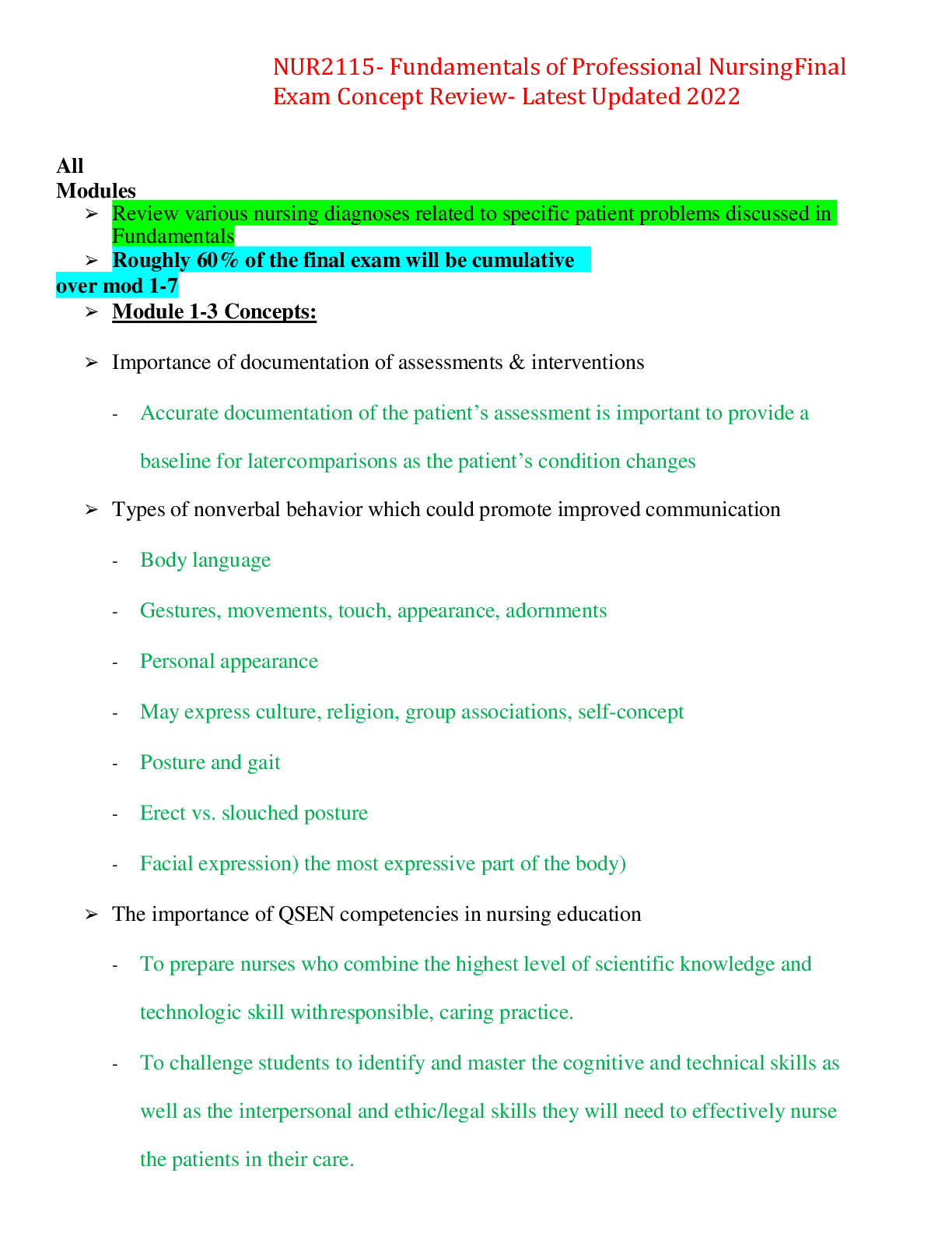 Preview image for NUR2115- Fundamentals of Professional Nursing Final Exam Concept Review- Latest Updated 2022,100% CORRECT