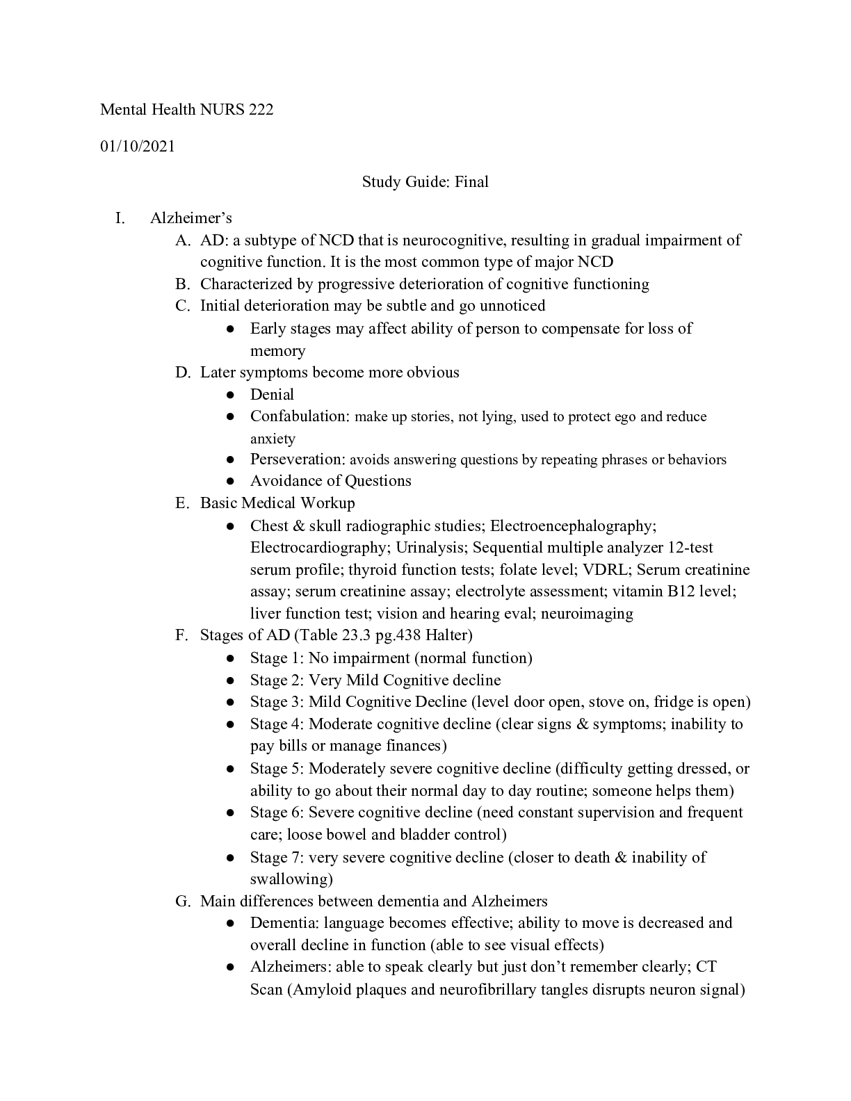 Recommended document preview for Mental Health NURS 222 Study Guide: Final  2021