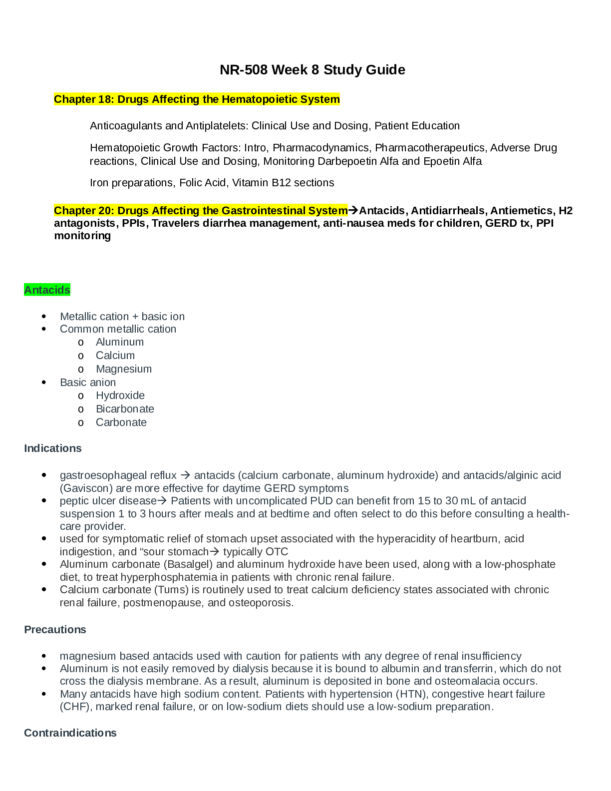 Preview of NR 508 / NR508 Week 8 Final Exam Study Guide  : Advanced Pharmacology - Chamberlain