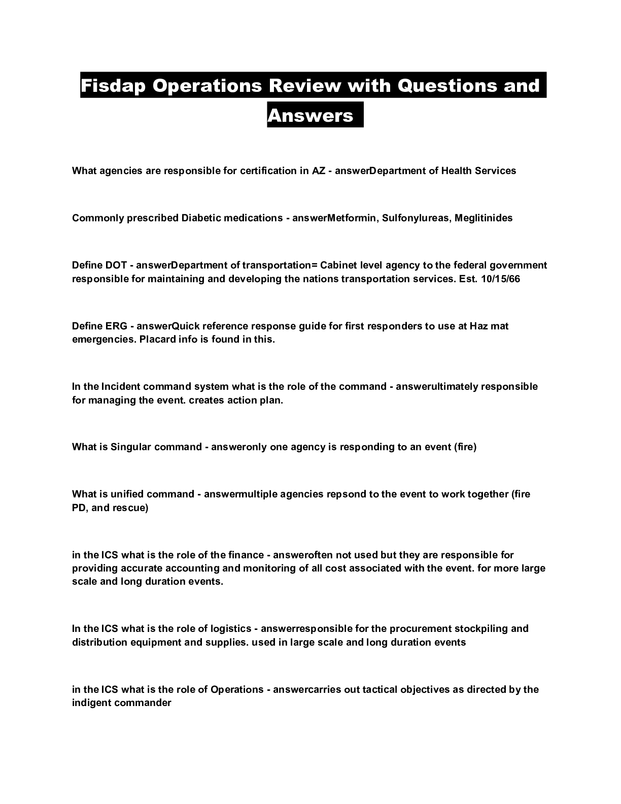 Question. Answer Review Fisdap Operations Review with Questions and Answers - Scholarfriends
