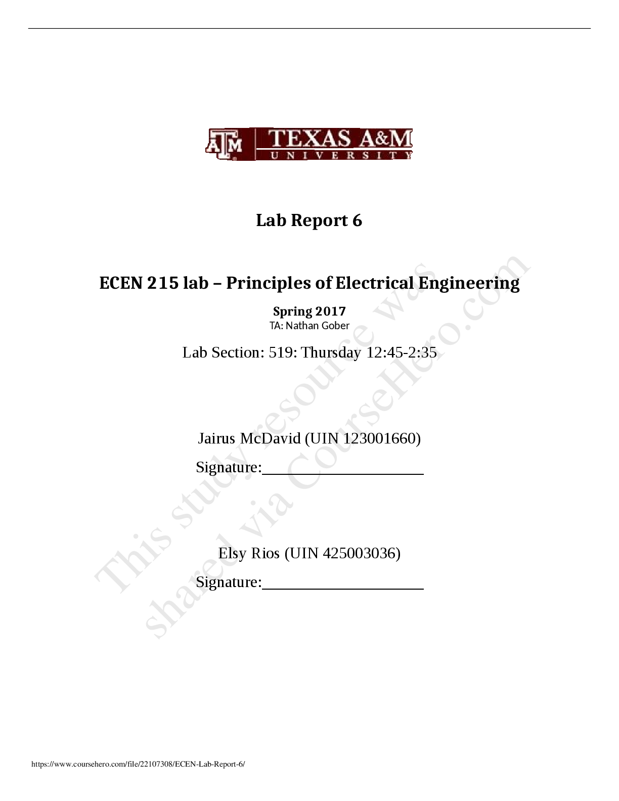 Recommended document preview for ECEN 215 ECEN Lab Report 6 Texas A&M University -