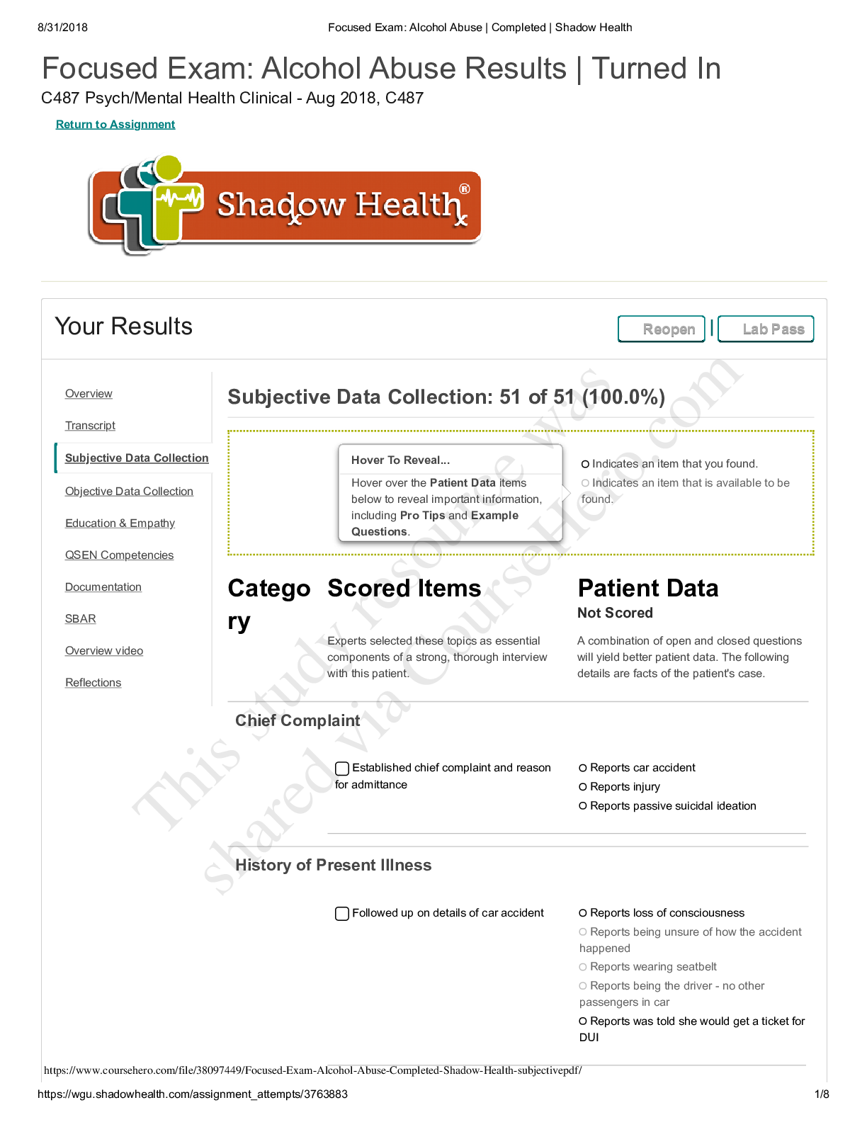 Preview of Focused Exam Alcohol Abuse Completed Shadow Health subjective