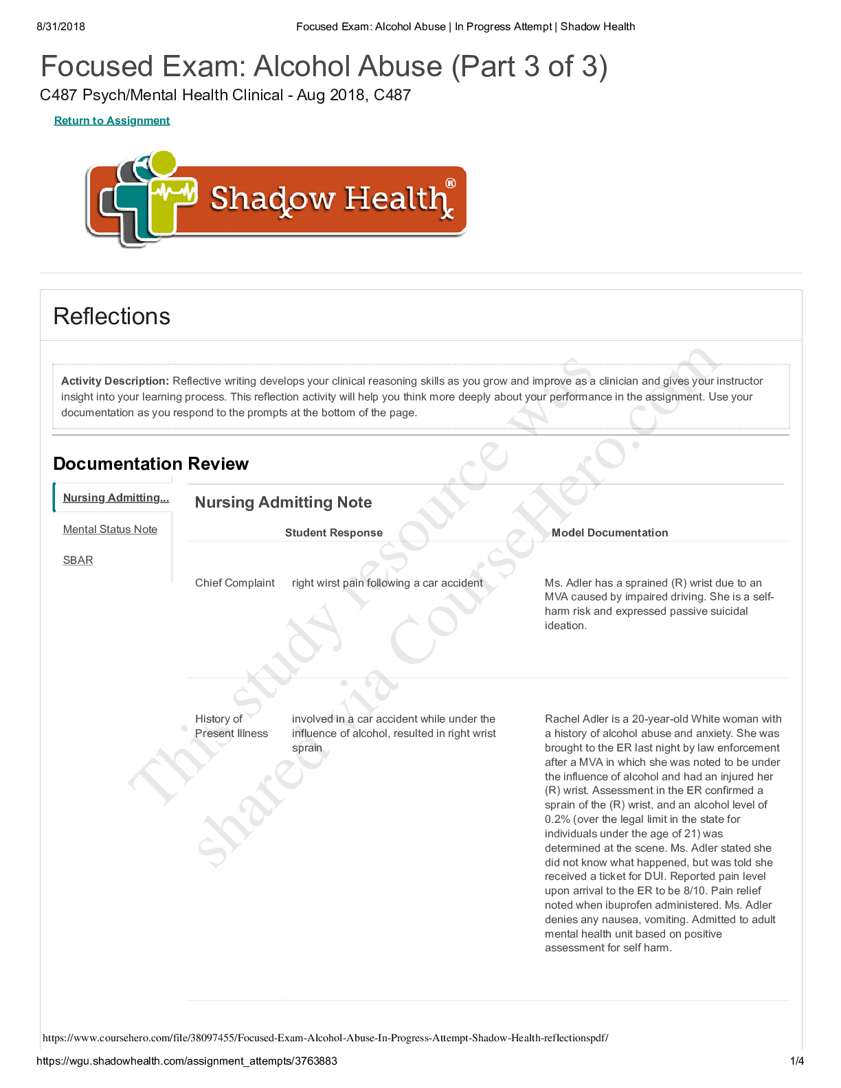 Preview of Focused Exam Alcohol Abuse InProgress Attempt Shadow Health reflections