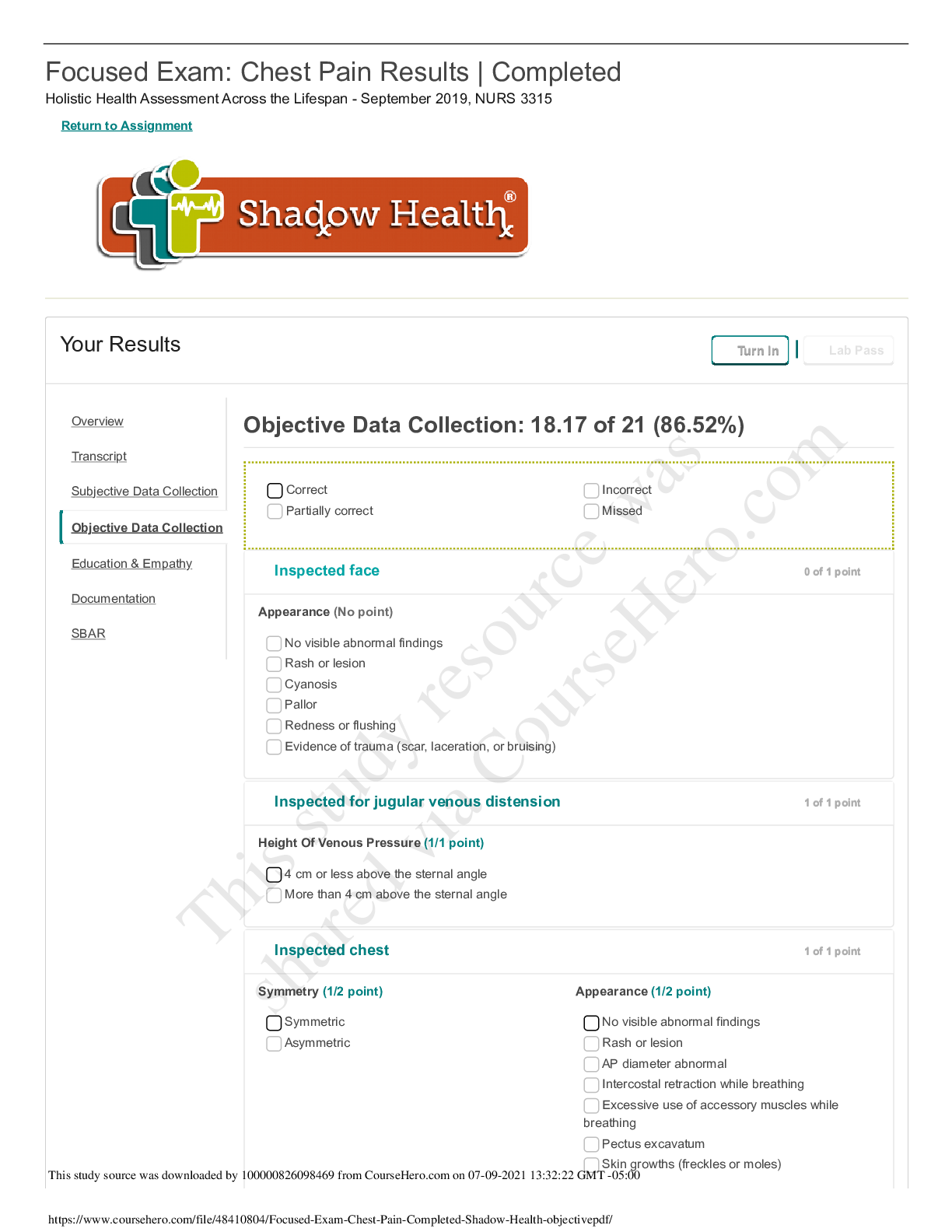 Preview image for NURS 3315 Focused Exam_ Chest Pain _ Completed _ Shadow Health -- objective
