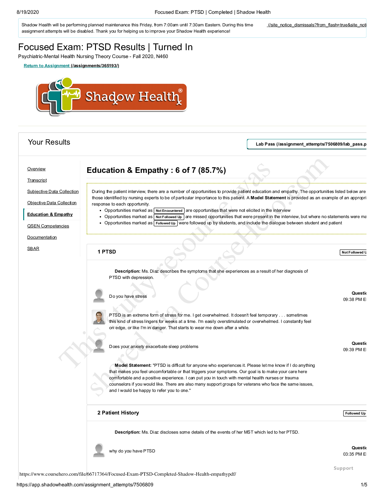 Preview image of Focused Exam PTSD Completed Shadow Health empathy document