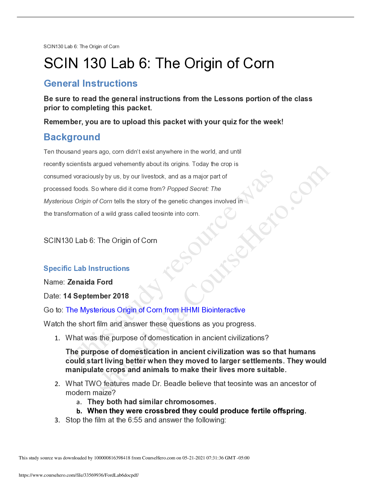 Preview image of SCIN 130 Lab 6: The Origin of Corn document