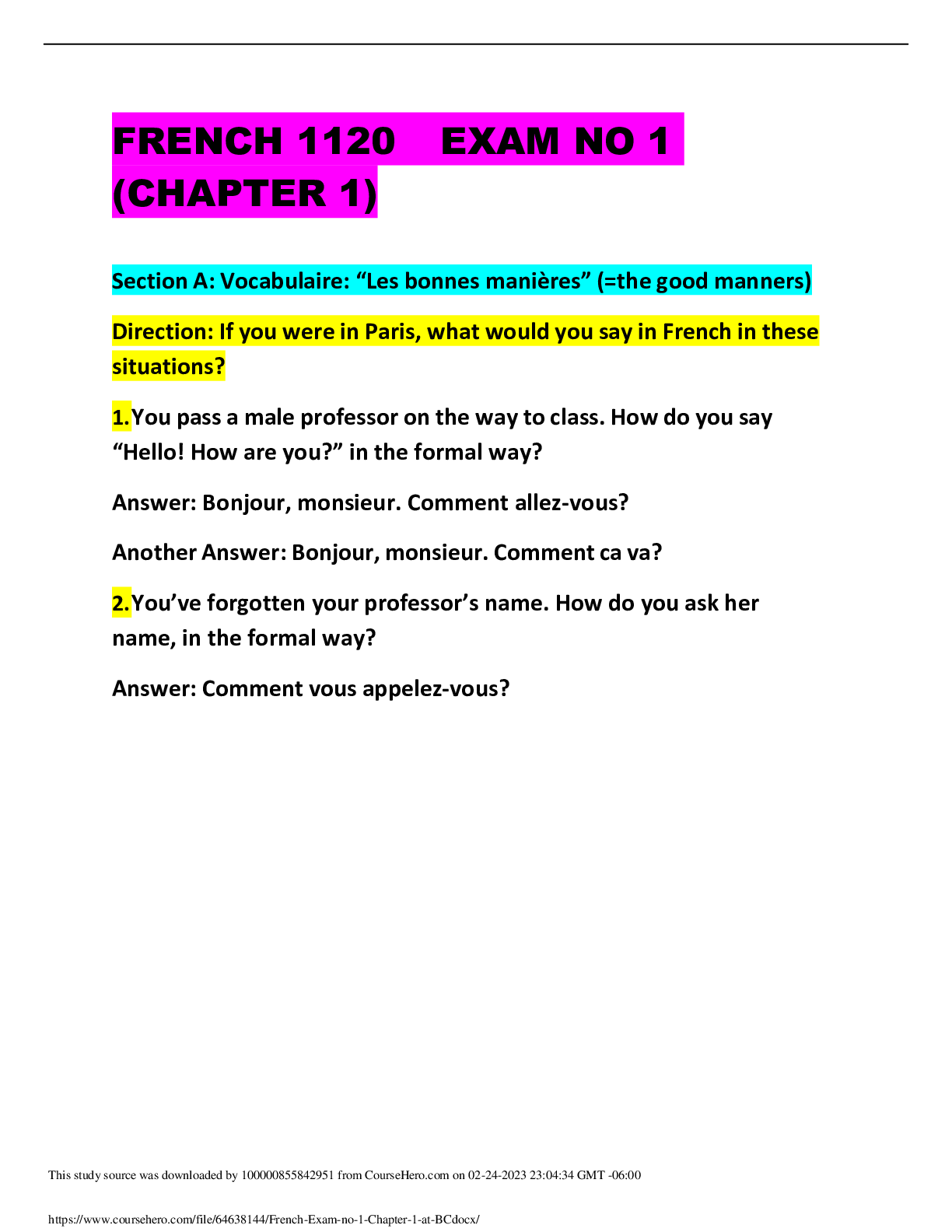 Preview image of FRENCH 1120	EXAM NO 1 (CHAPTER 1) document