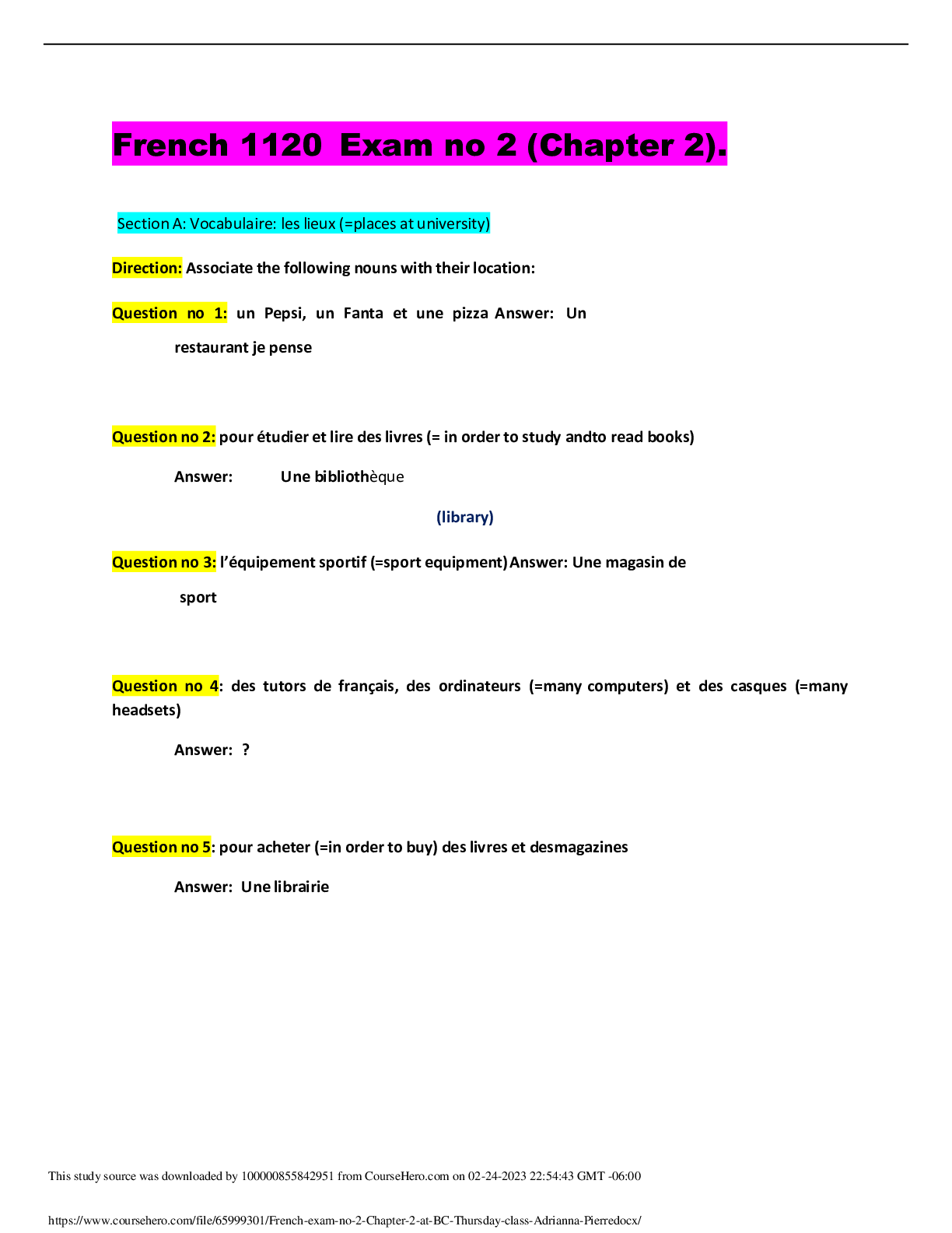 Preview image of French 1120	Exam no 2 (Chapter 2). document