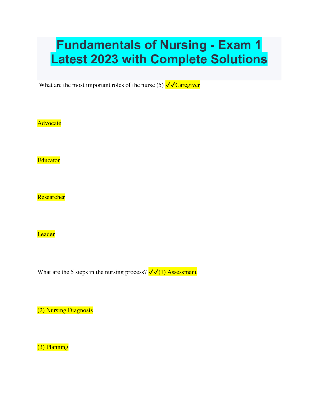 Fundamentals of Nursing - Exam 1 Latest 2023 with Complete Solutions ...