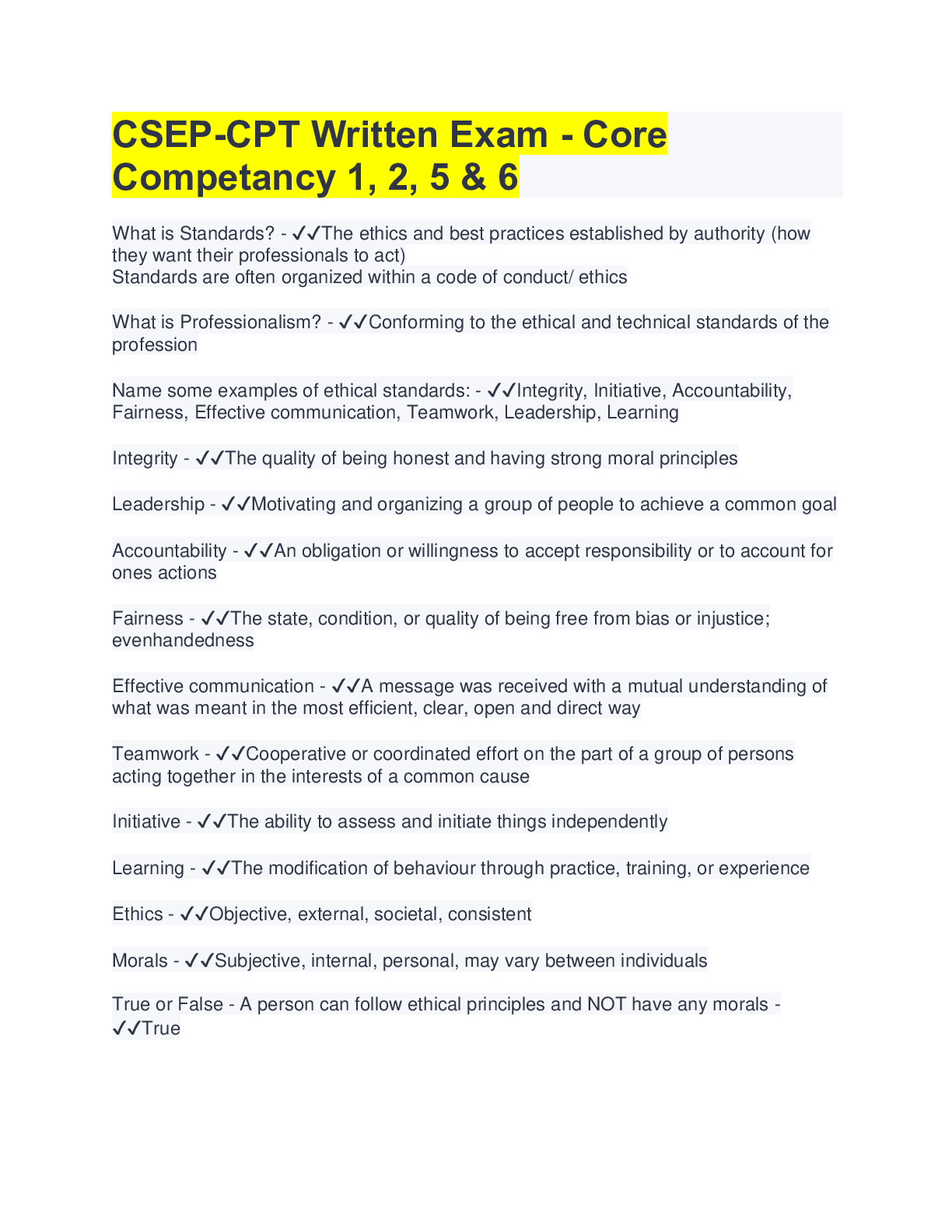 CSEP-CPT Written Exam2022 - Core Competancy 1, 2, 5 & 6 ( QUESTIONS ...
