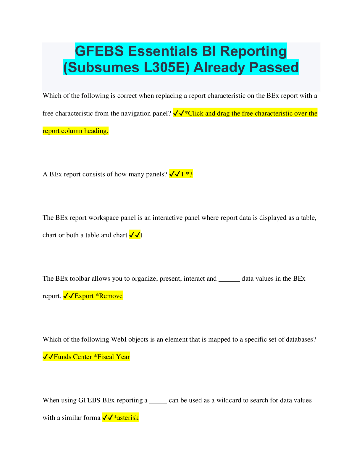 GFEBS ESSENTIALS BI REPORTING SUBSUMES L305E 2024/2025 COMPLETE QUES ...