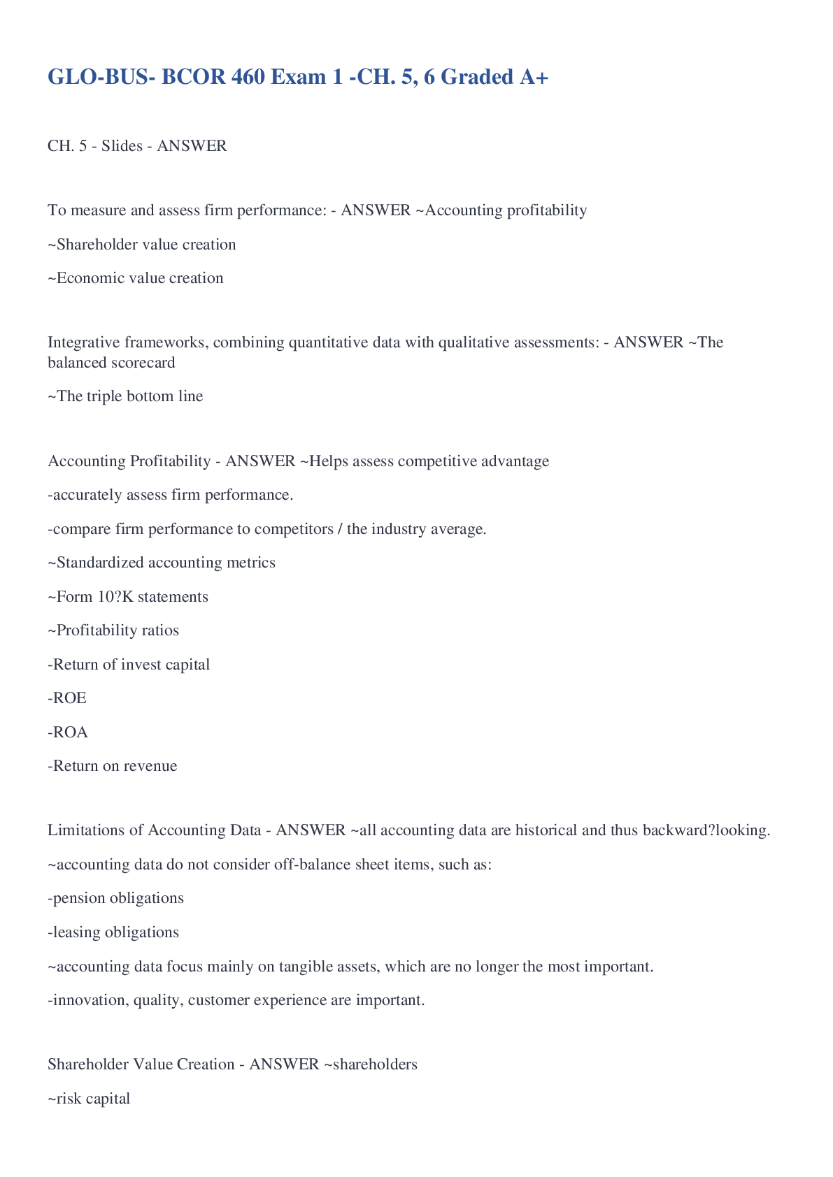 Preview image for GLO-BUS- BCOR 460 Exam 1 -CH. 5, 6 Graded A+
