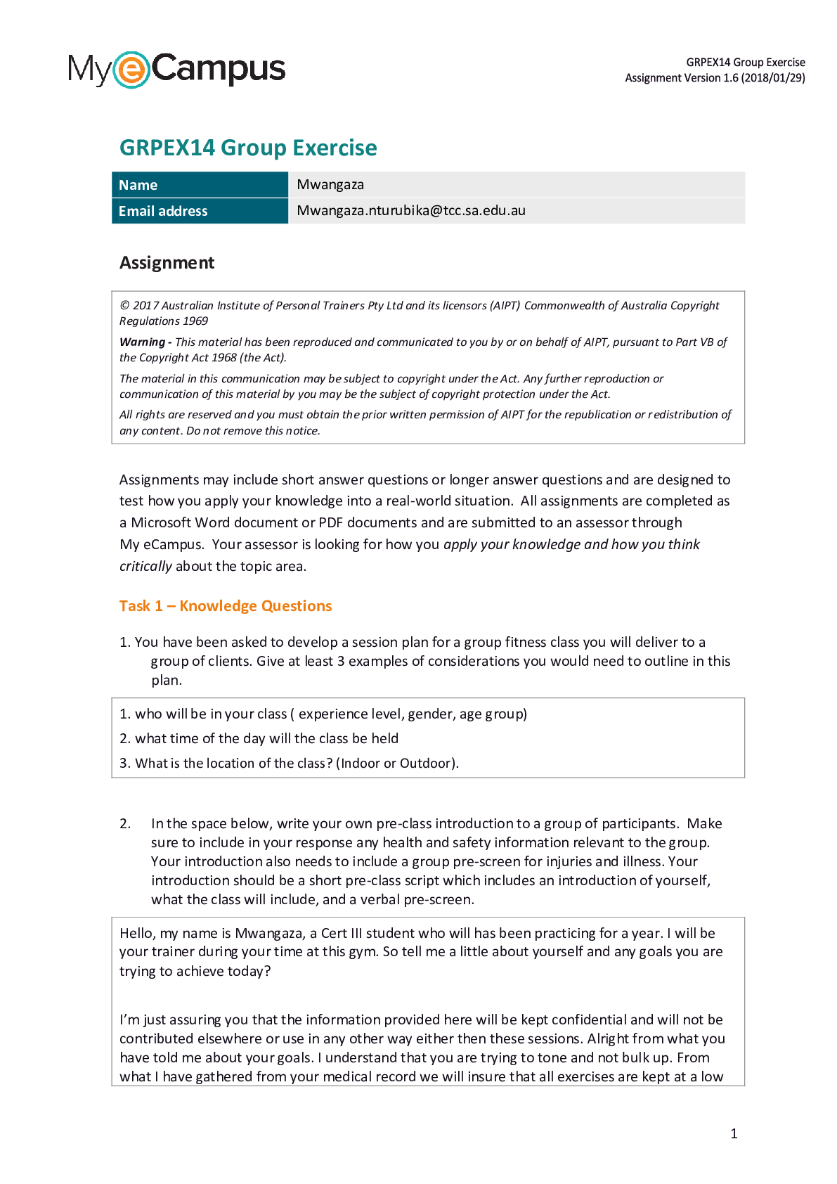 Preview image of Research Paper > FITNESS 101; GRPEX14 Group Exercise document