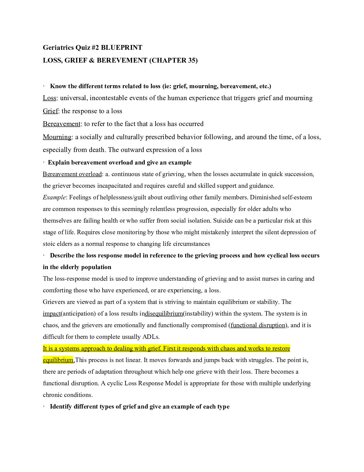 Preview of NUR 601 Geriatrics Quiz #2 BLUEPRINT- Chamberlain College of Nursing
